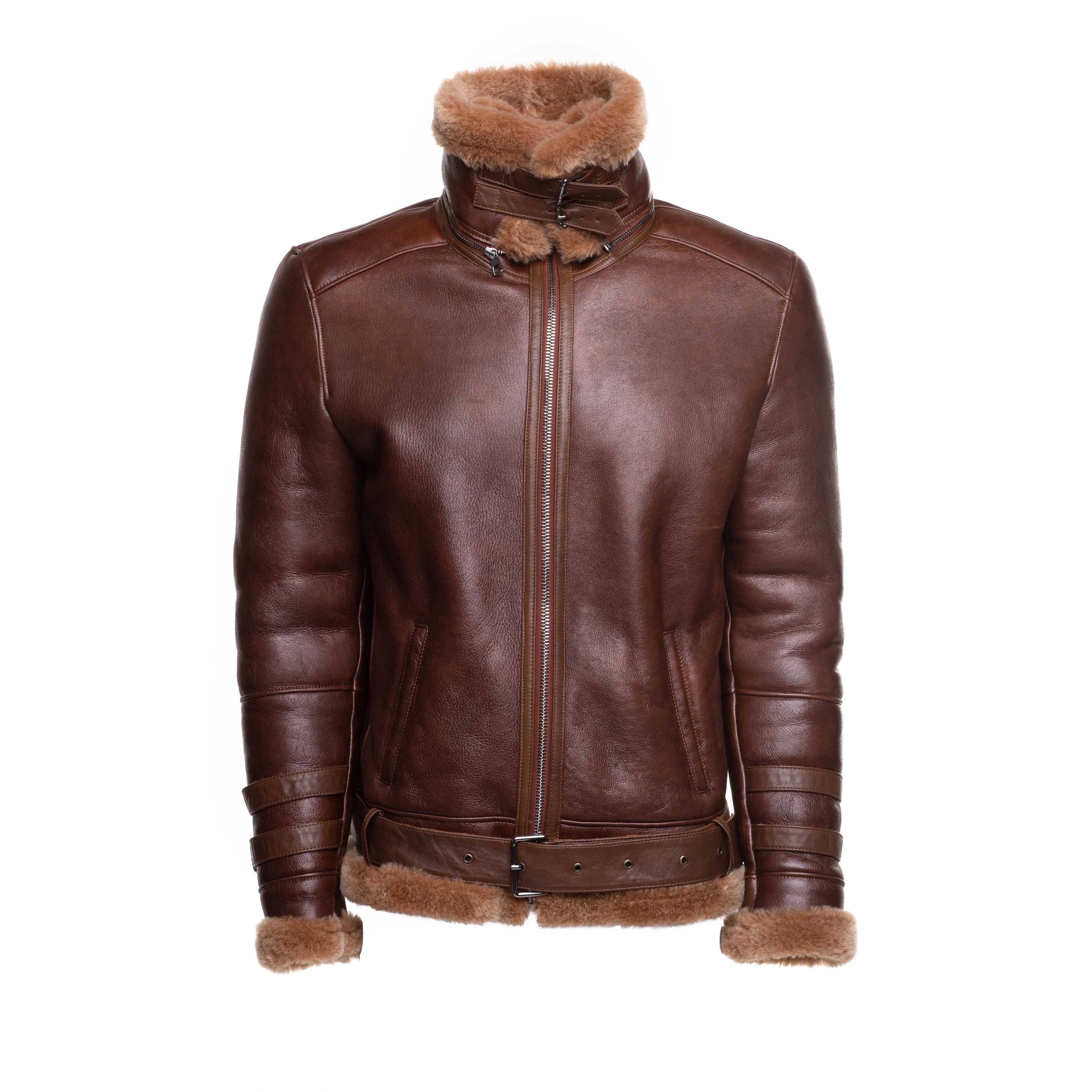 Phans Brown Aviator Bomber Shearling Jacket with Waist Belt
