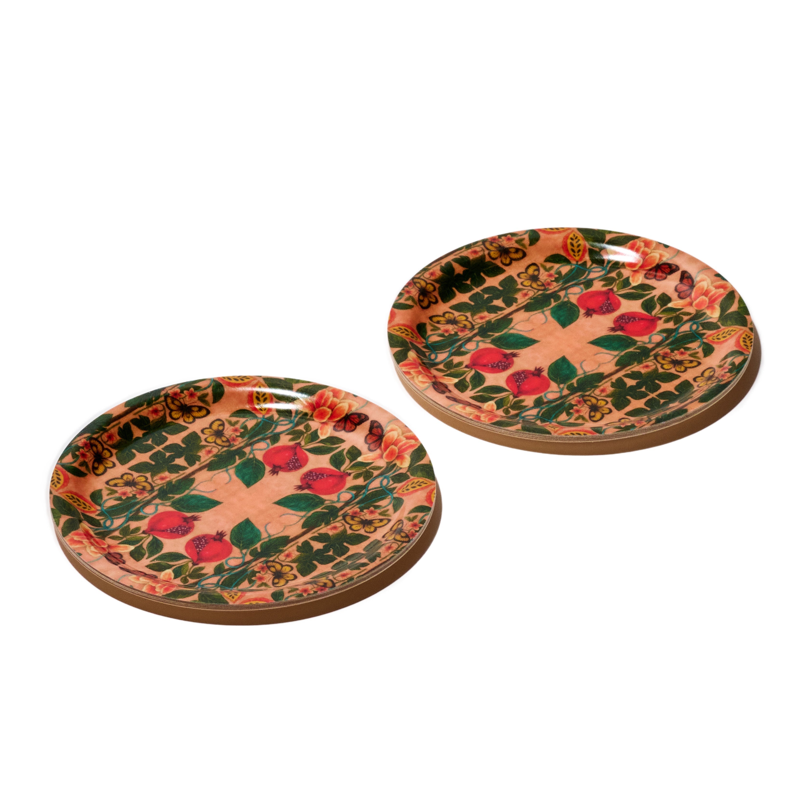 Pomegranate Migration Decorative Birchwood Tray - Mini Round - Set of 2