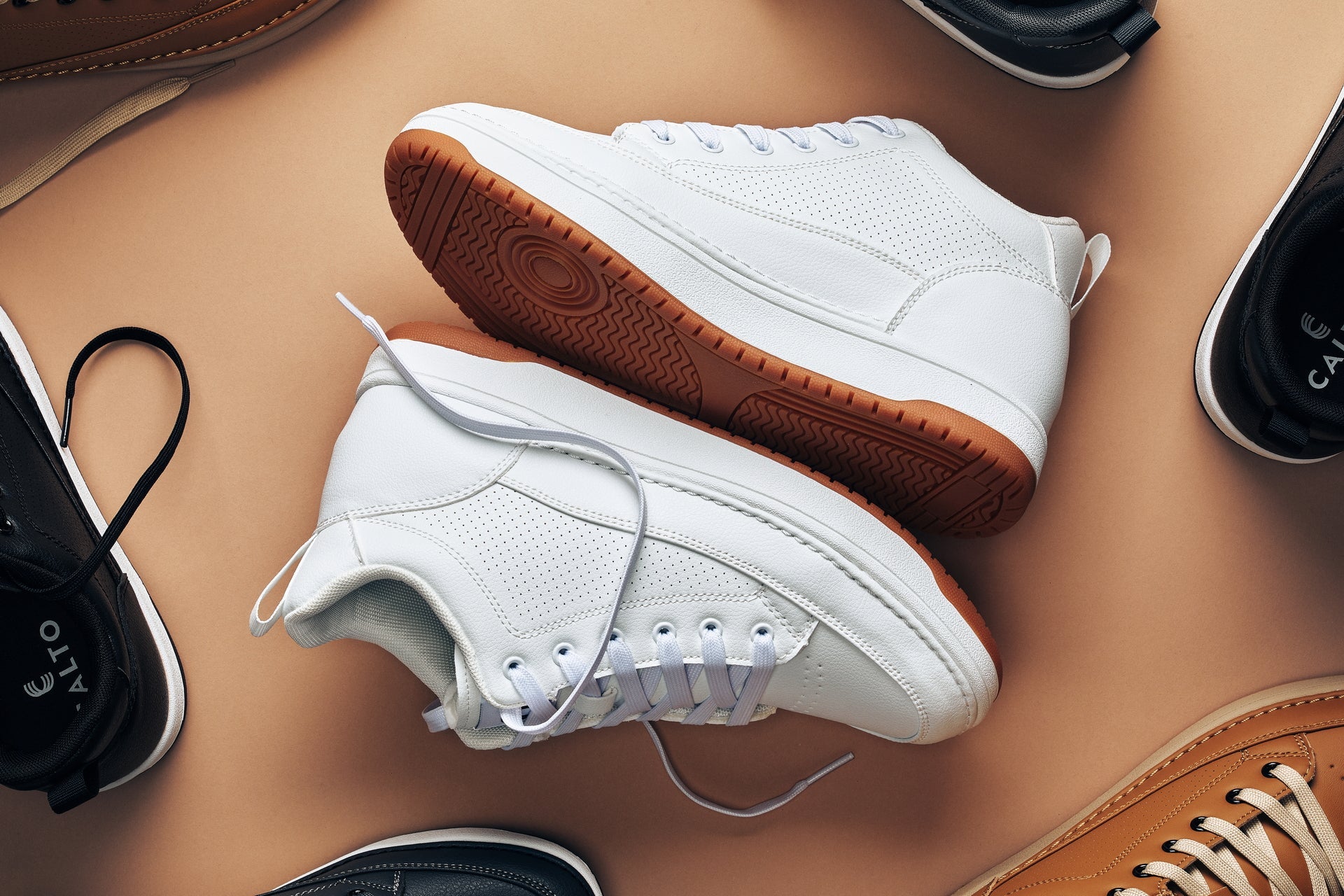 CALTO - Q272 - 2 Inches Taller (White & Gum Sole) -Elevated Leatherette Micro-Perforated Sneakers