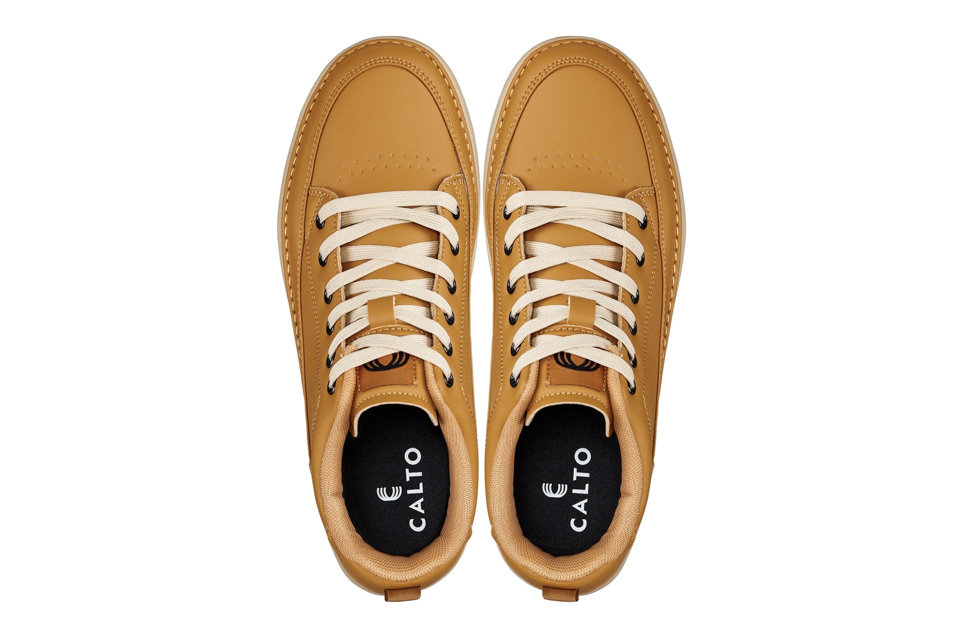CALTO - Q274 - 2 Inches Taller (Camel Brown & Gum Sole) - Elevated Leatherette Micro-Perforated Sneakers