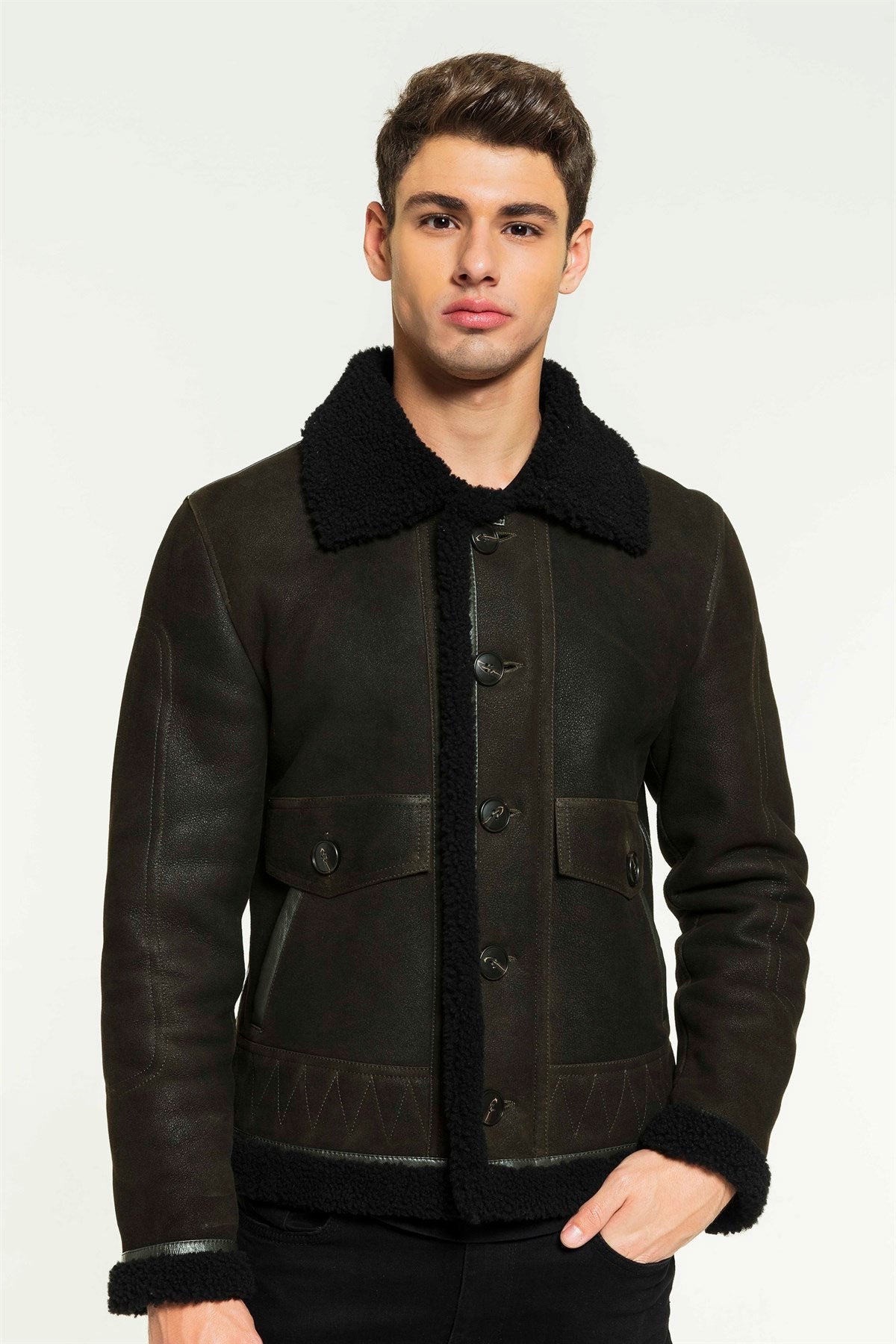 Men’s Aviator Dark Green & Black Shearling Jacket