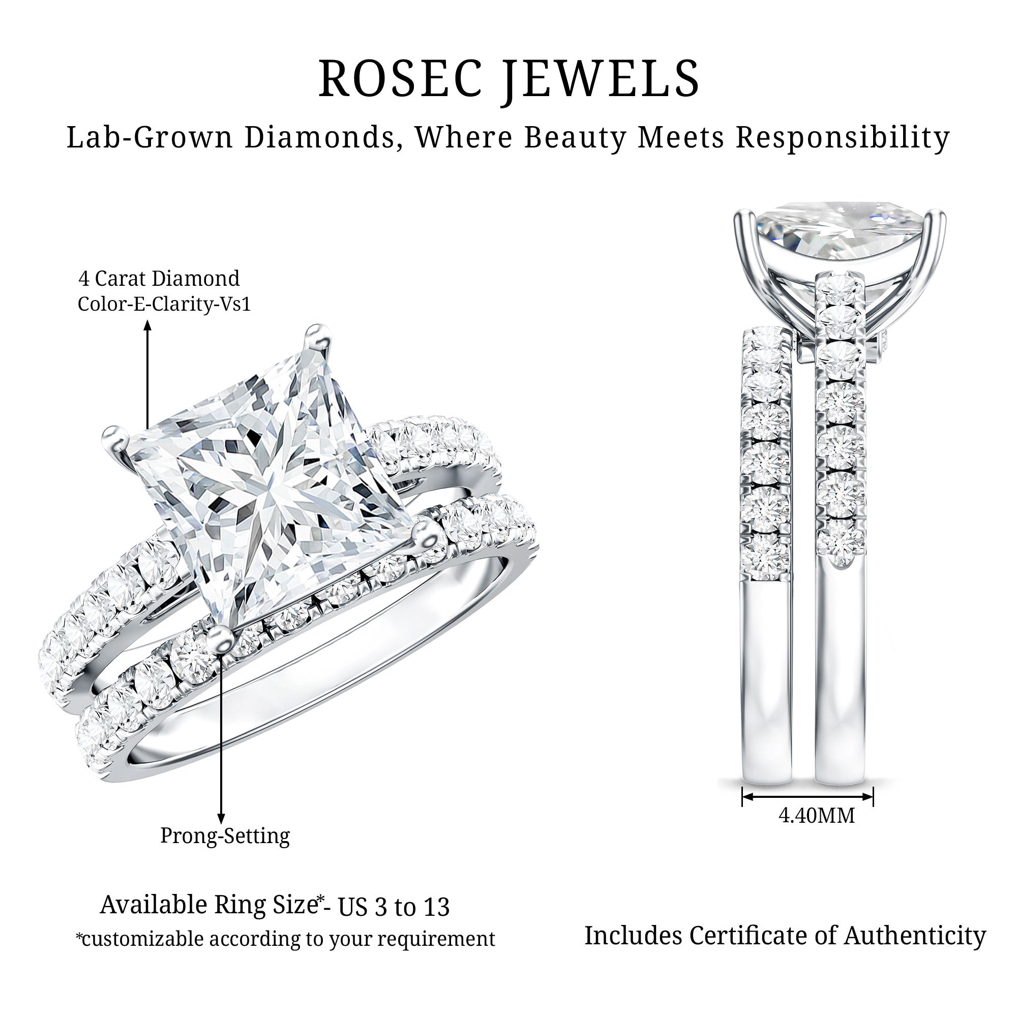 IGI Certified 4 Carat Princess Cut Lab Grown Diamond Engagement Ring With Wedding Band