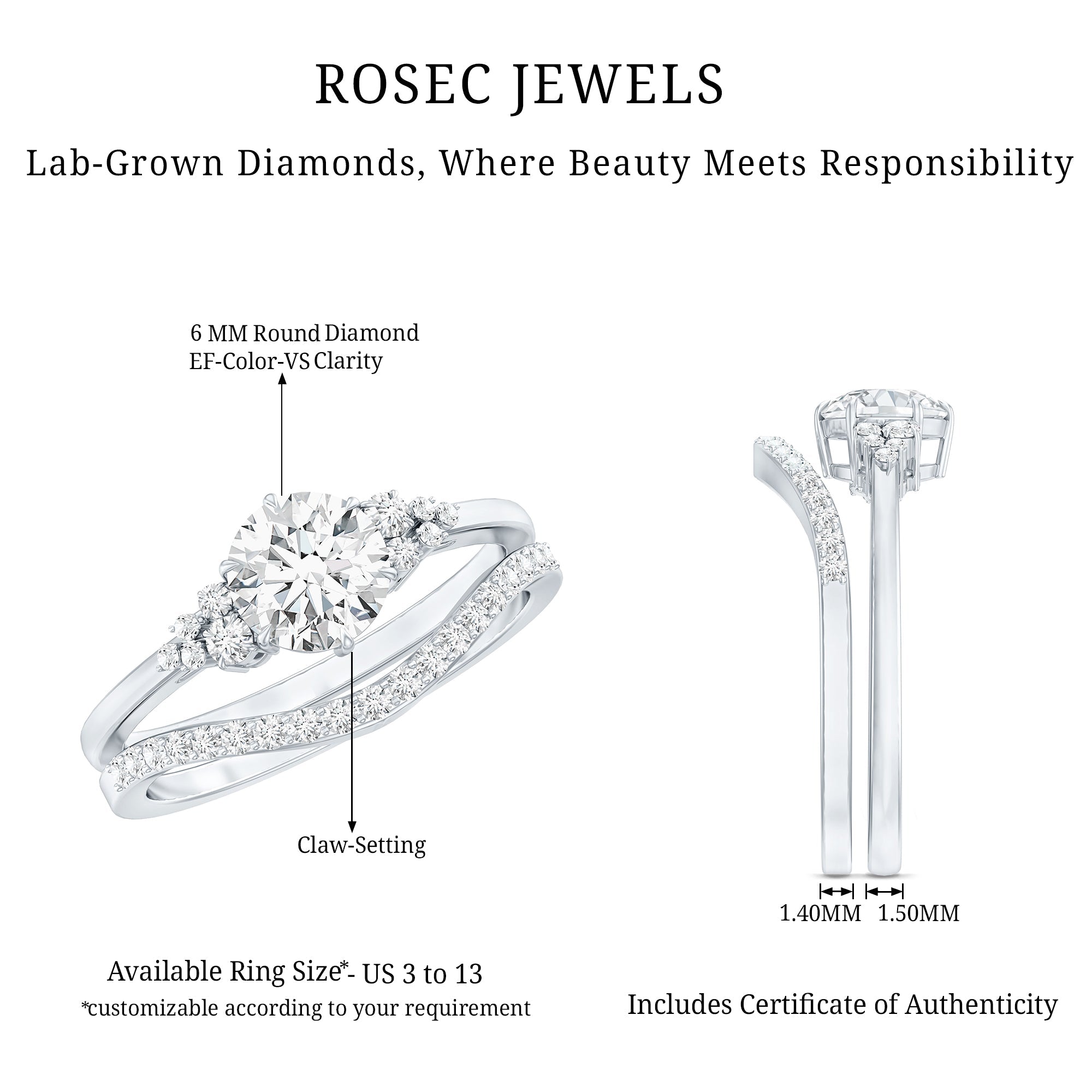 Certified Diamond Bridal Ring Set with Curved Band