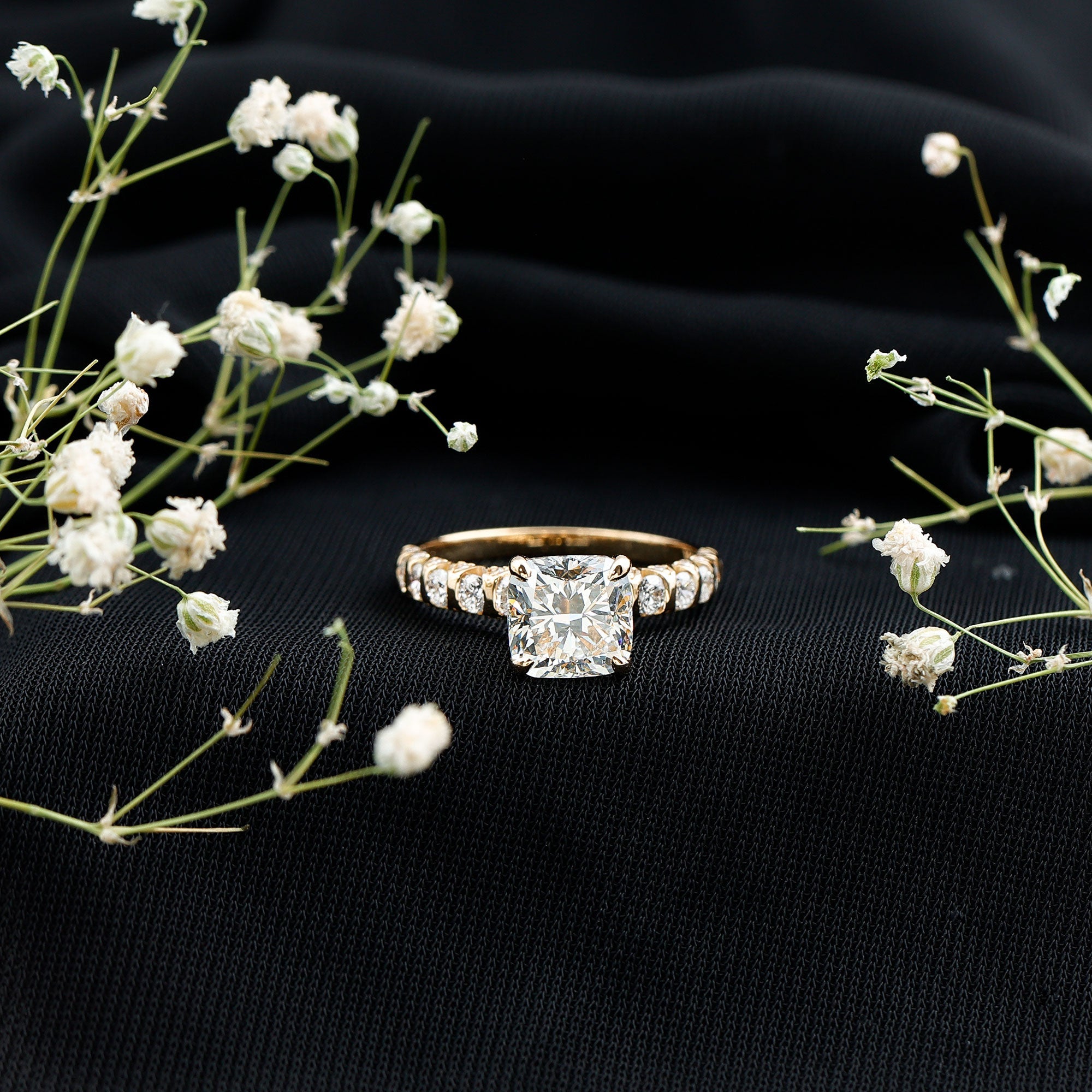 IGI Certified 2 Carat Cushion Cut Lab Grown Diamond Engagement Ring with Side Stones