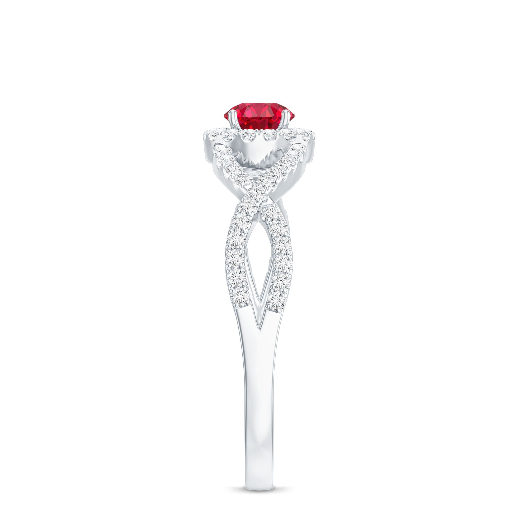 Criss Cross Shank Created Ruby and Diamond Halo Engagement Ring