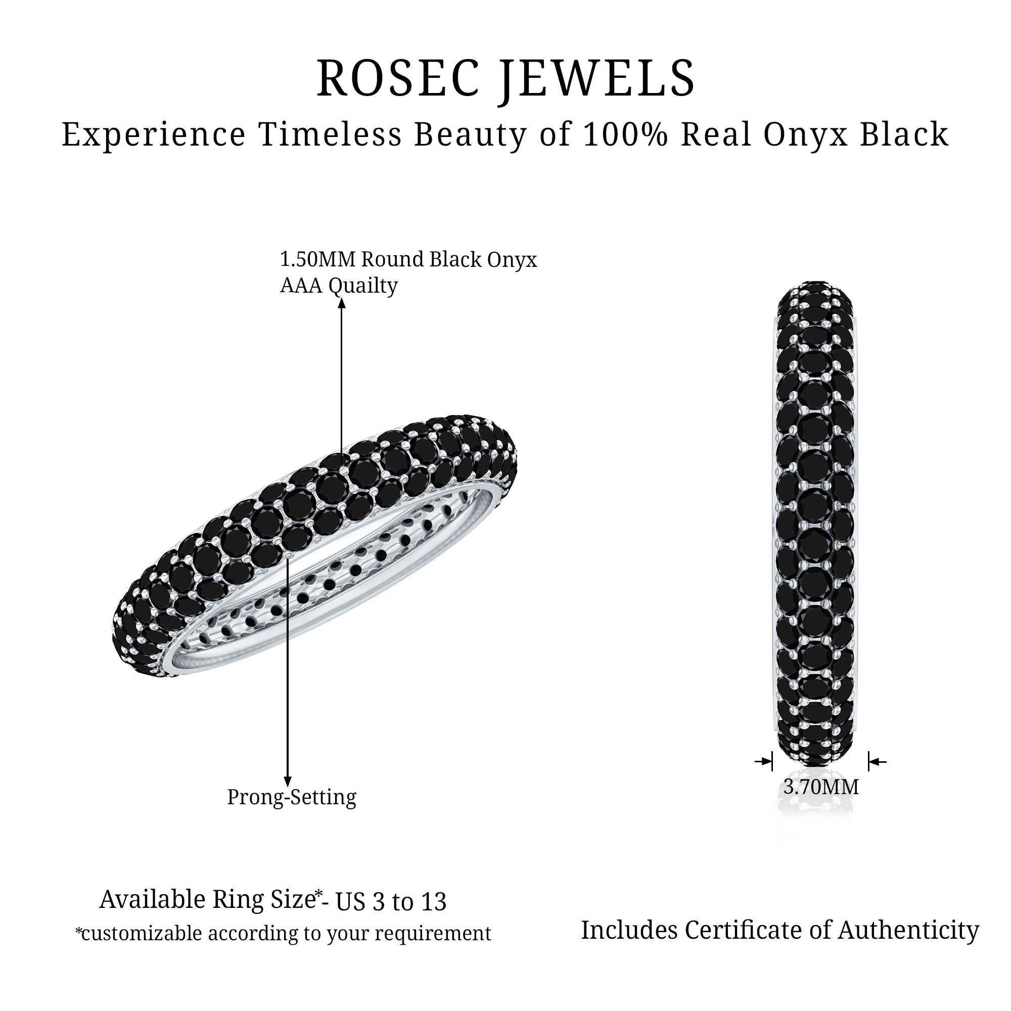 Certified Black Onyx Three Row Eternity Band Ring for Women