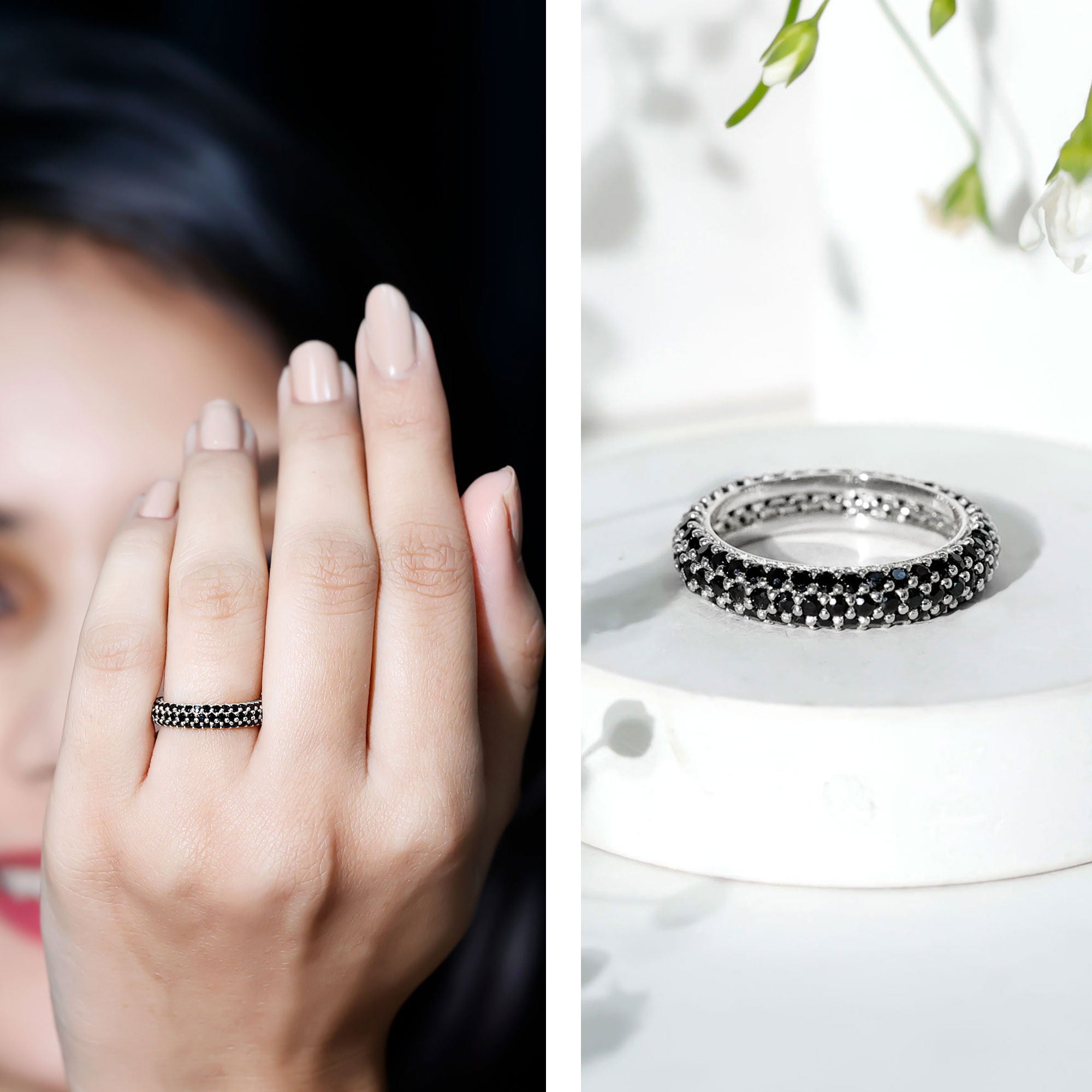 Certified Black Onyx Three Row Eternity Band Ring for Women