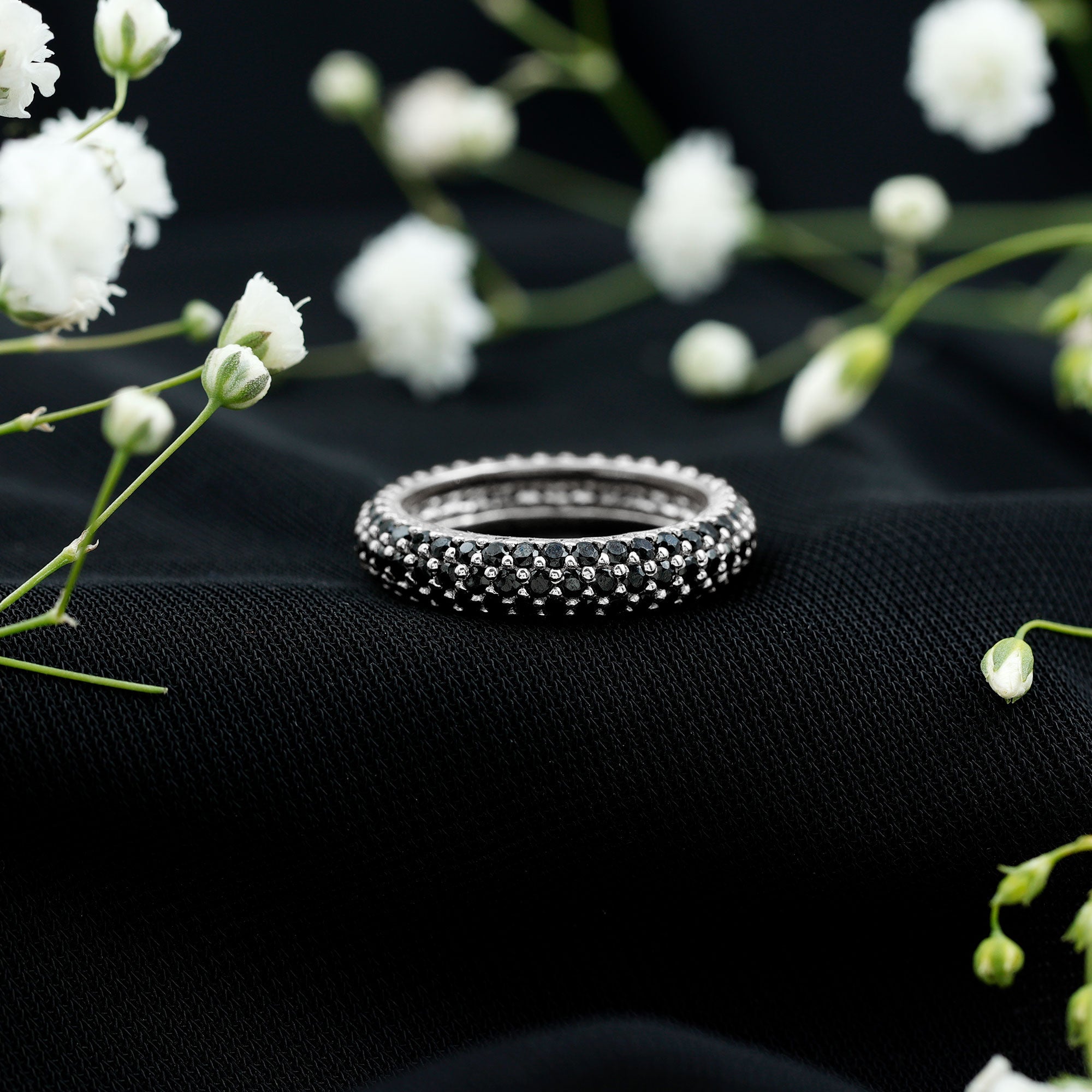 Certified Black Onyx Three Row Eternity Band Ring for Women