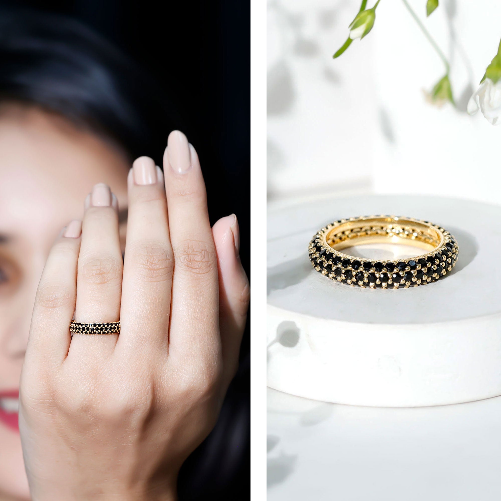 Certified Black Onyx Three Row Eternity Band Ring for Women