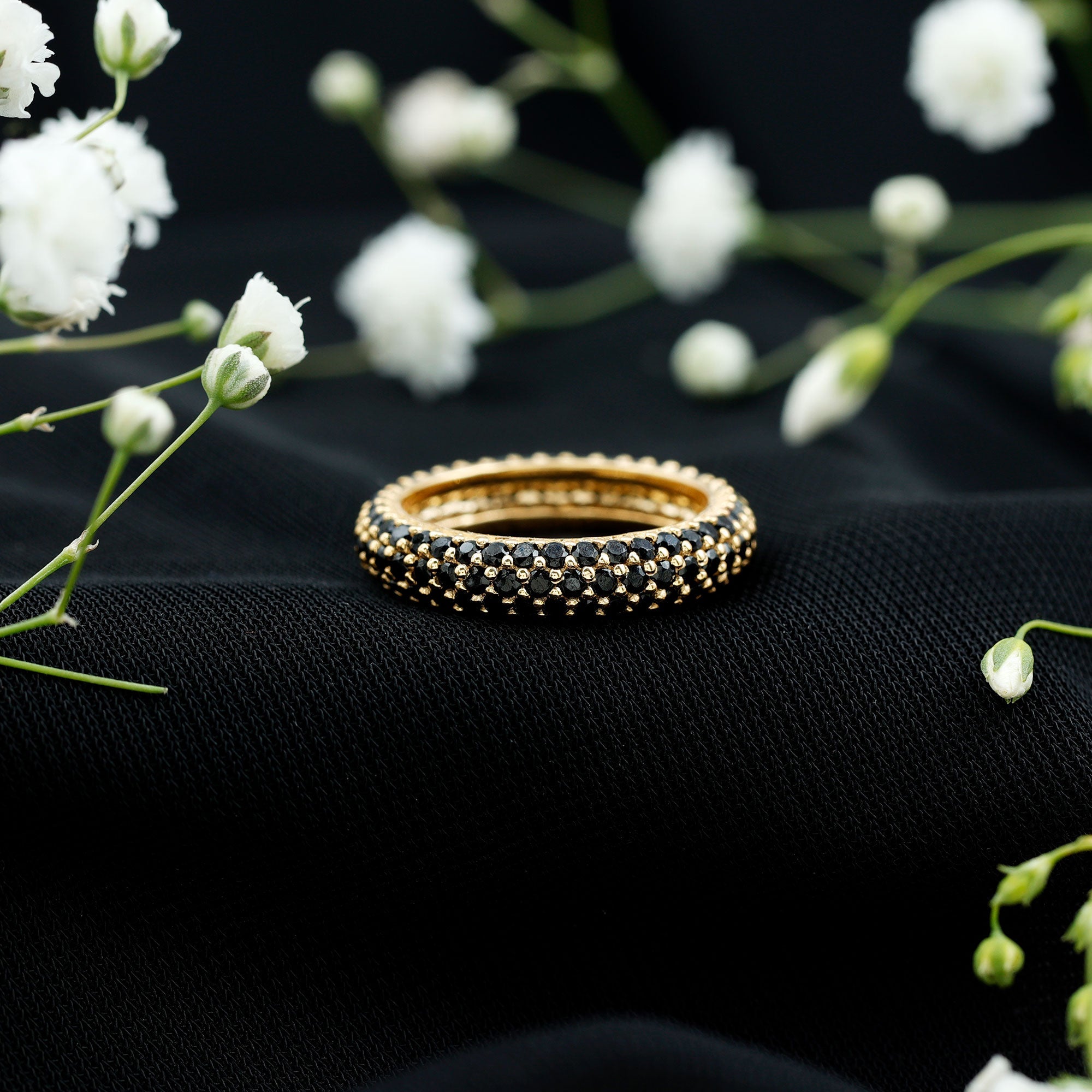 Certified Black Onyx Three Row Eternity Band Ring for Women