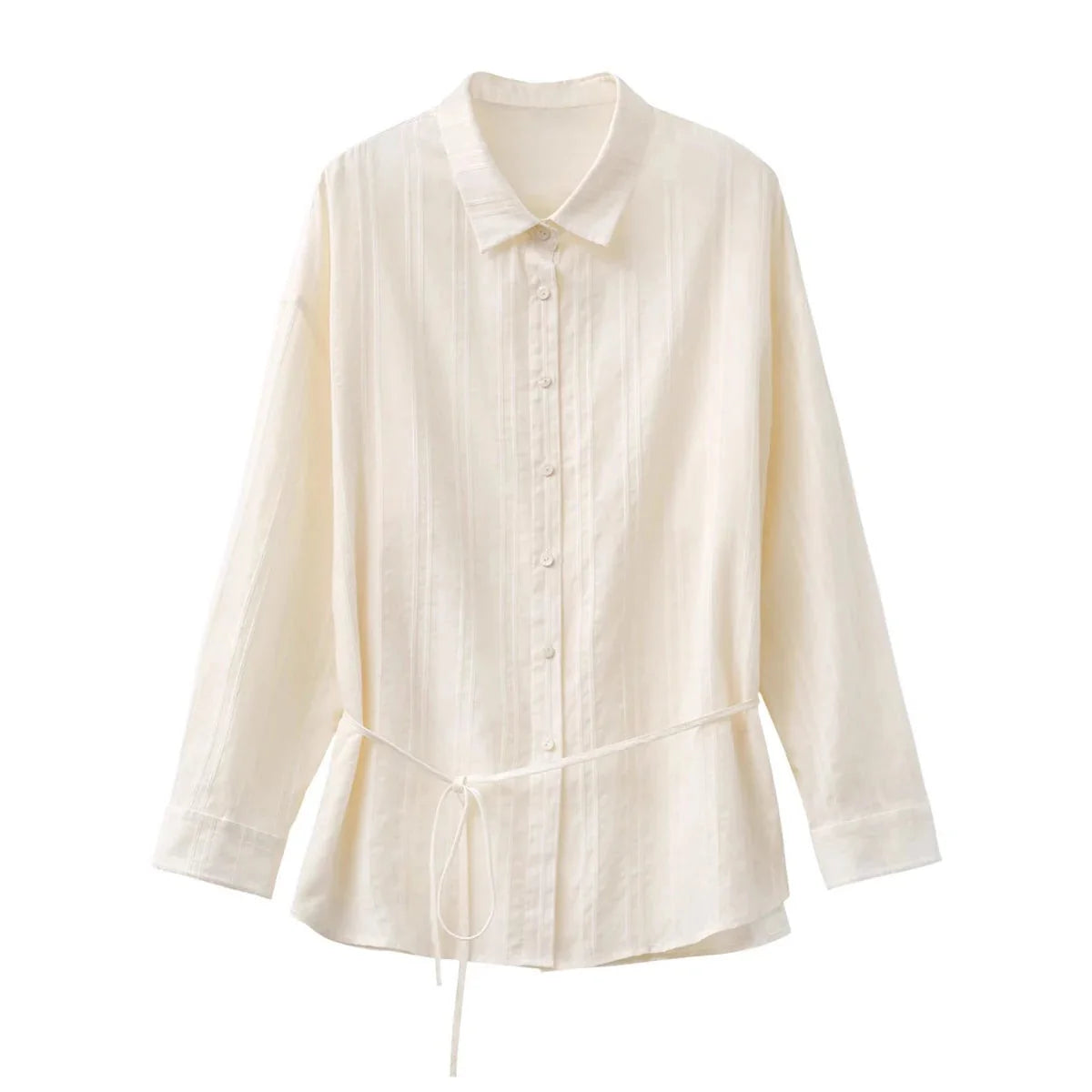 Textured Striped Waist Shirt Long Sleeve Summer Blouse