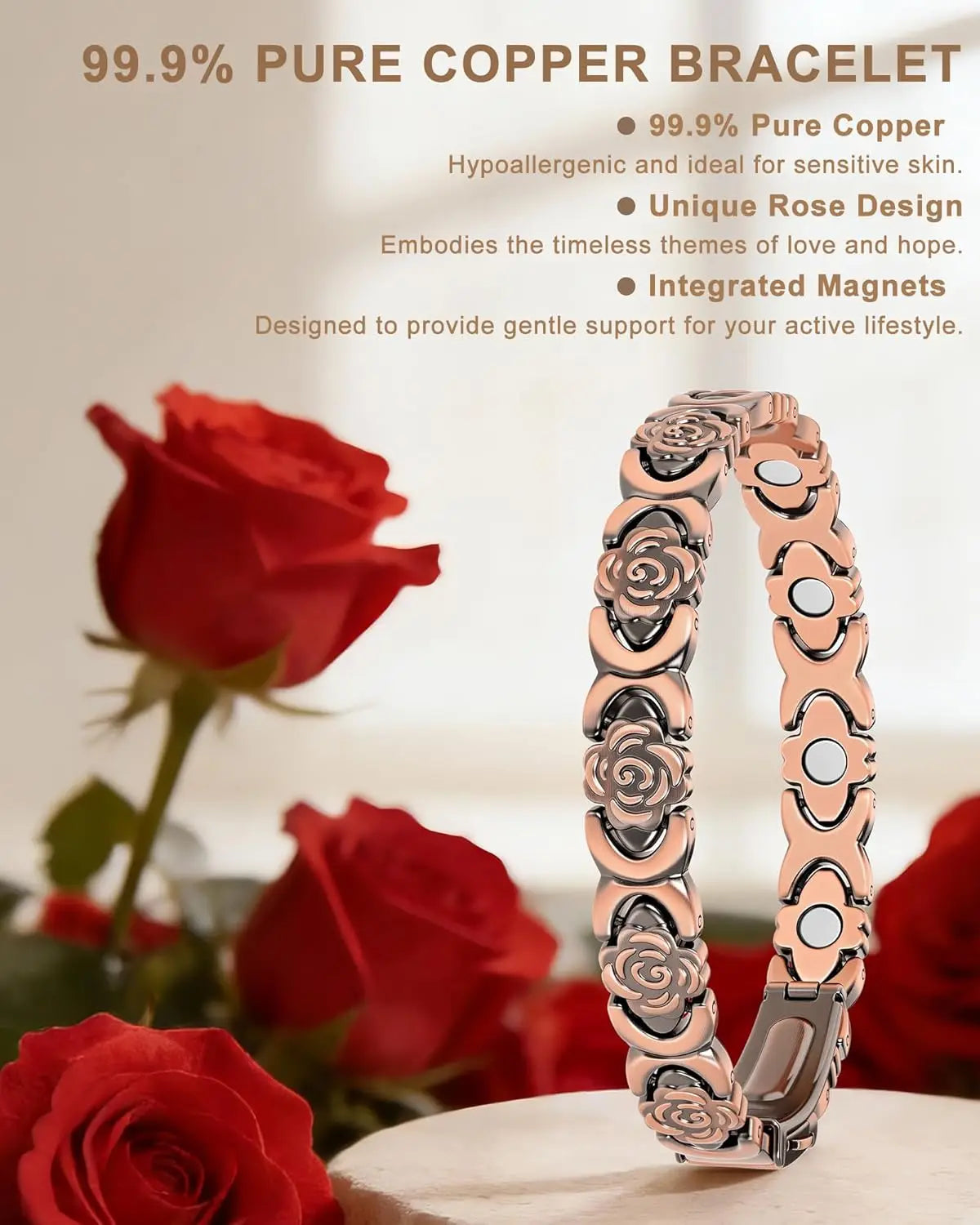 ARADOO Rose Design Pure Copper Bracelets for Women with 3800 Gauss Neodymium Magnetic Bracelet Jewelry Gifts