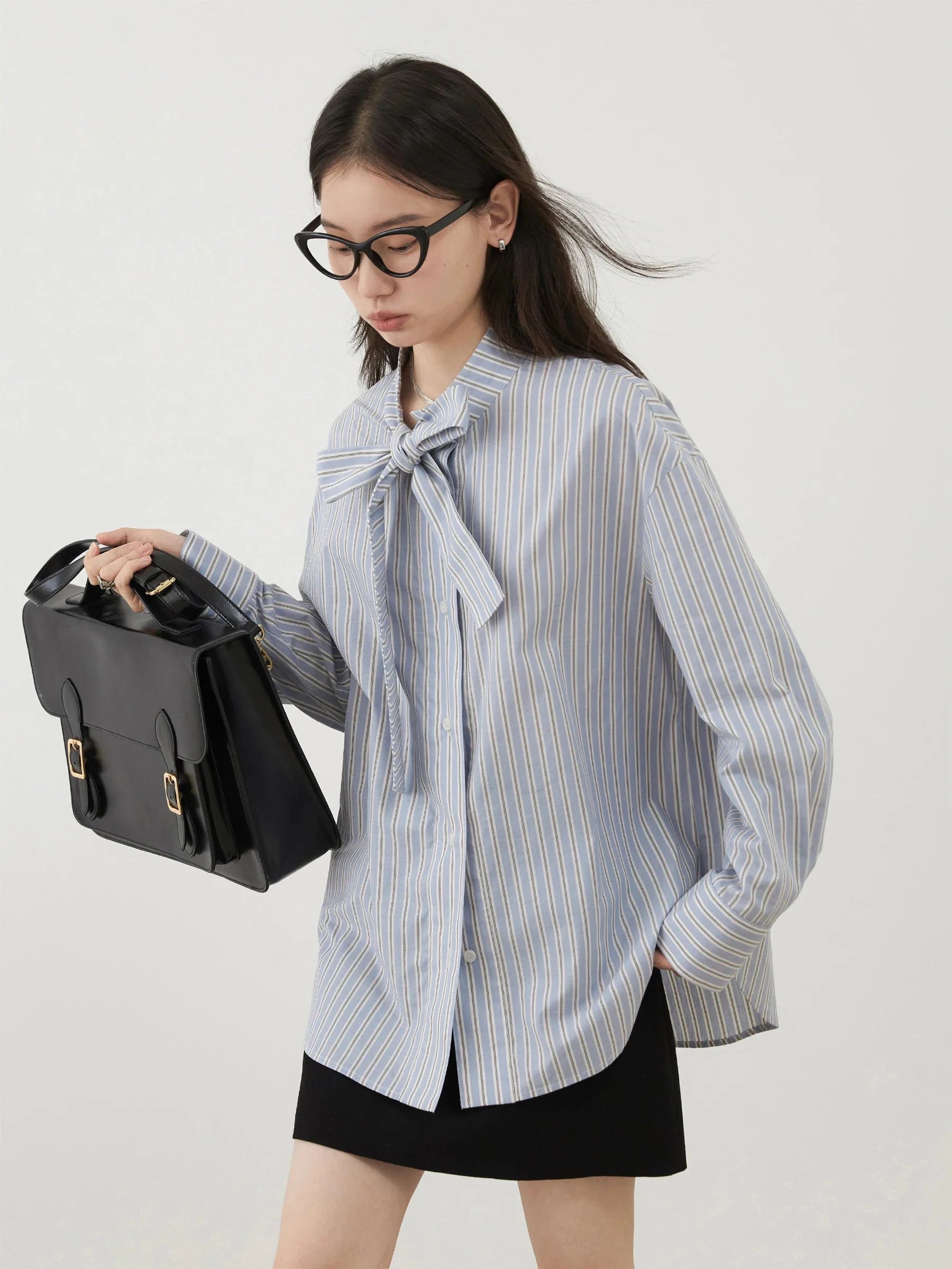 Blue Striped Bow Tie Blouse Cotton Casual Shirt