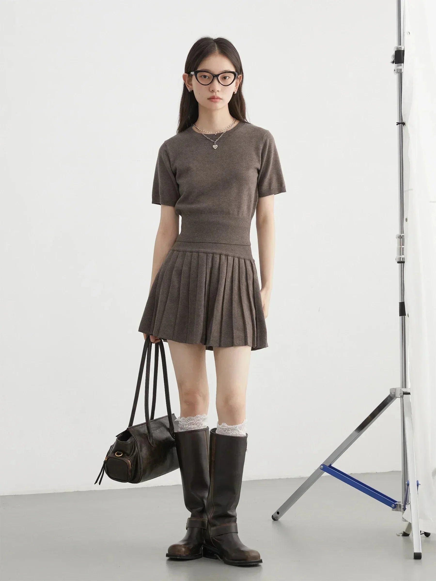 Women’s 3-Piece Knitted Skirt Set Pleated Cardigan Outfit