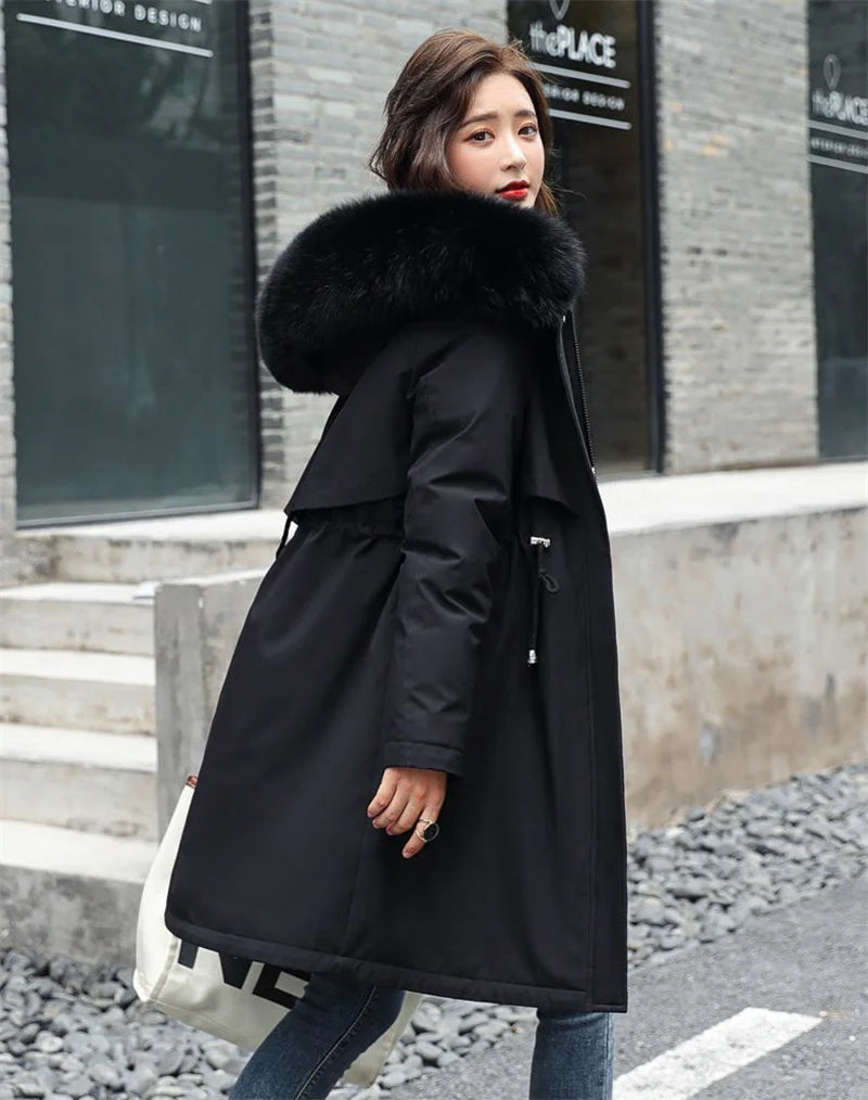 Women Winter Parka – Hooded Fur Collar Thick Warm Long Coat