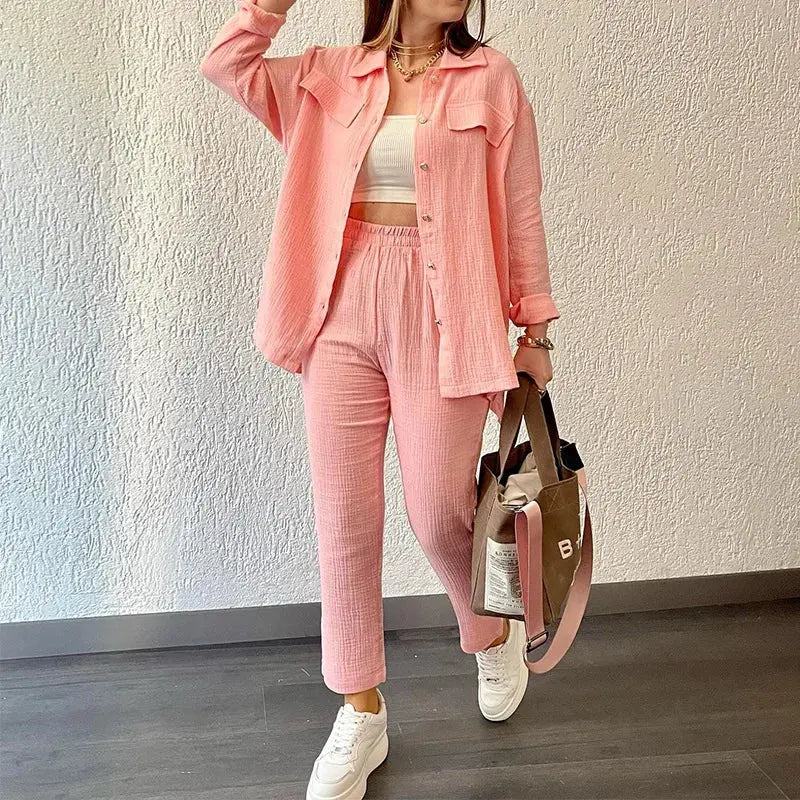 Casual Loose Shirt & Cropped Pants Set for Women