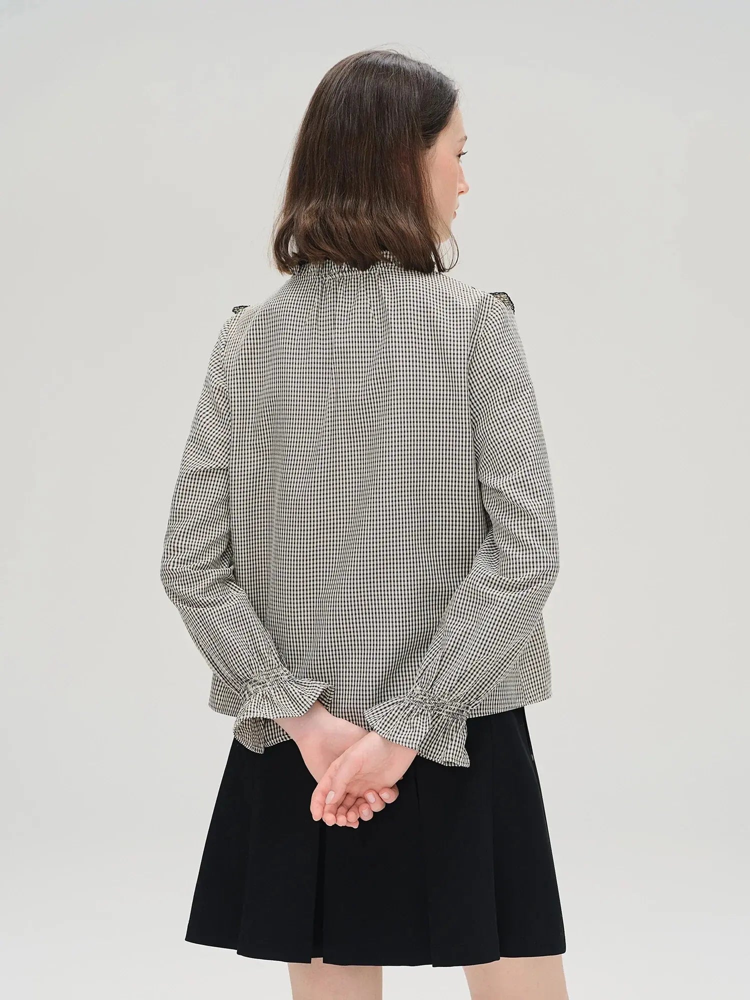 Sweet French Style Ruffled Plaid Shirt for Women
