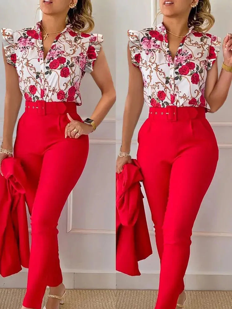 Elegant Women Two Piece Set Suits New Fashion Printed Ruffle Sleeve Top Solid Color Pants Set With Belt Blouses Female Clothing