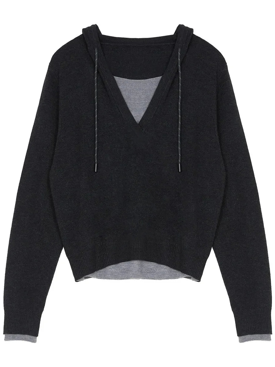 Casual Contrast Color Hooded Pullover - Loose Knit Sweater