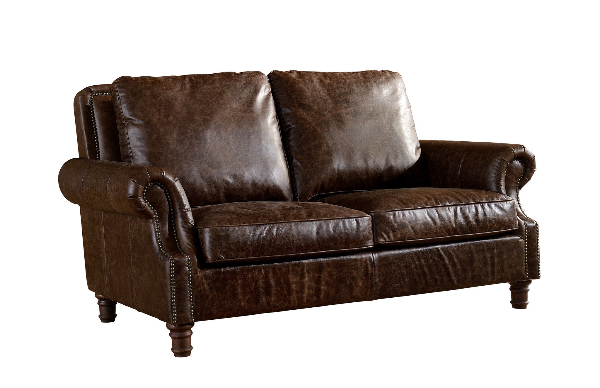 English Rolled Arm Love Seat - Dark Brown Leather