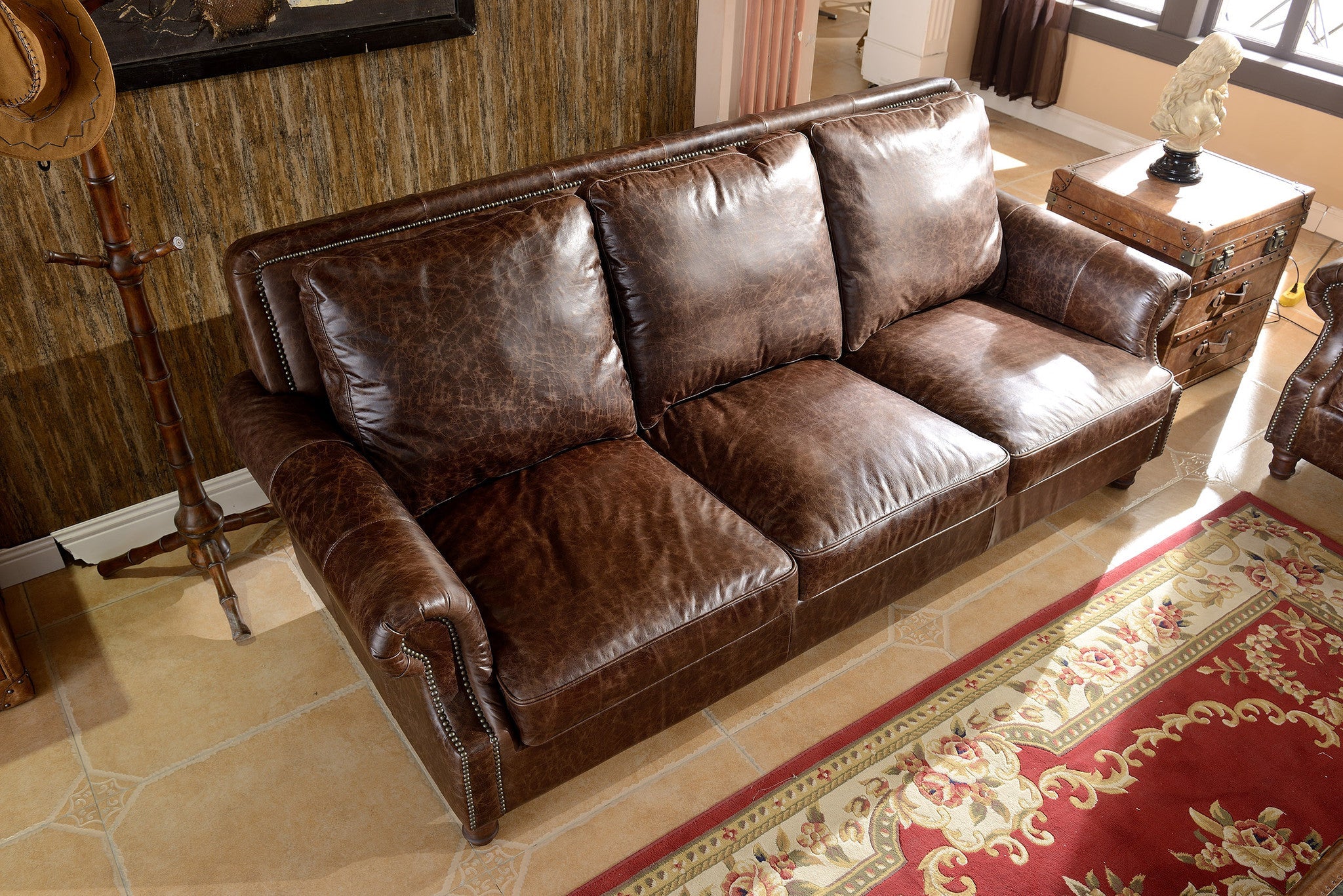 English Rolled Arm Sofa - Dark Brown Leather