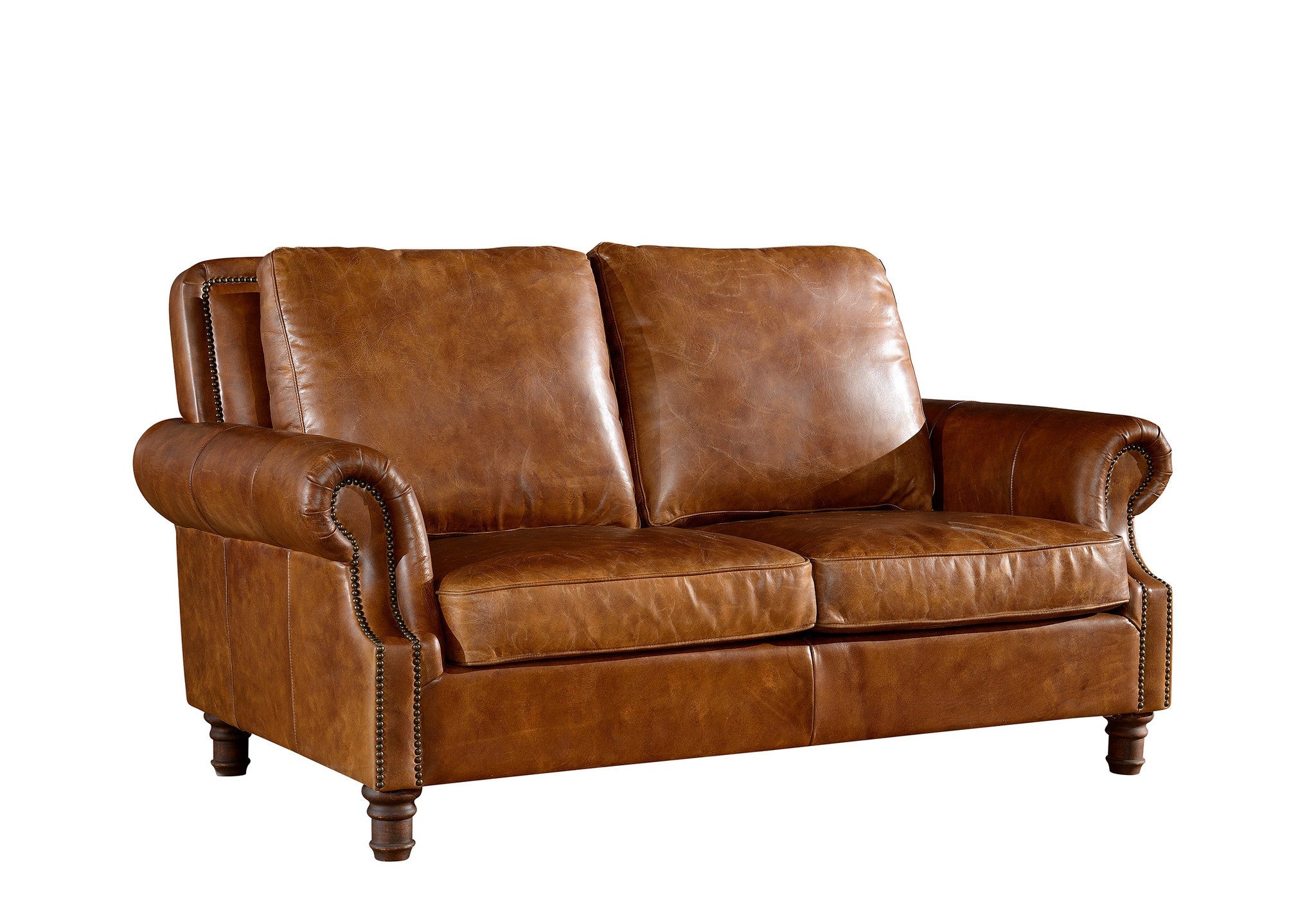 English Rolled Arm Love Seat - Light Brown Leather