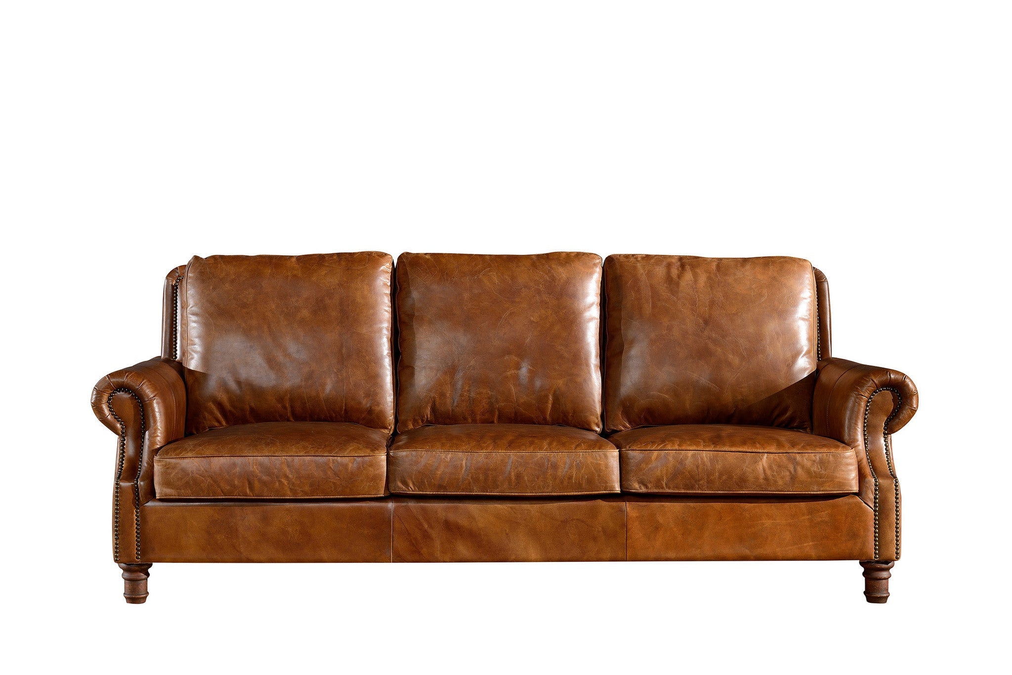 English Rolled Arm Sofa - Light Brown Leather