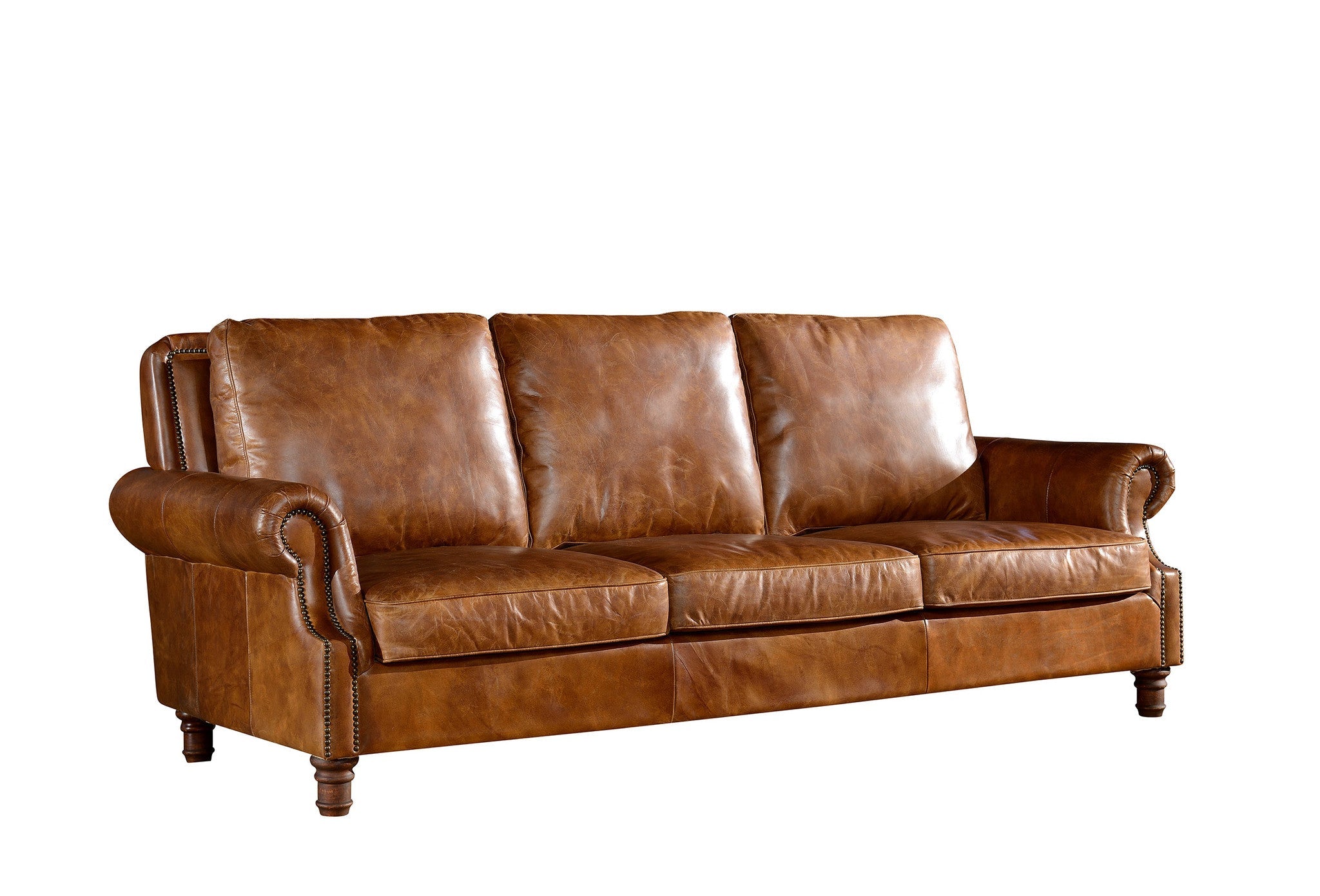 English Rolled Arm Sofa - Light Brown Leather