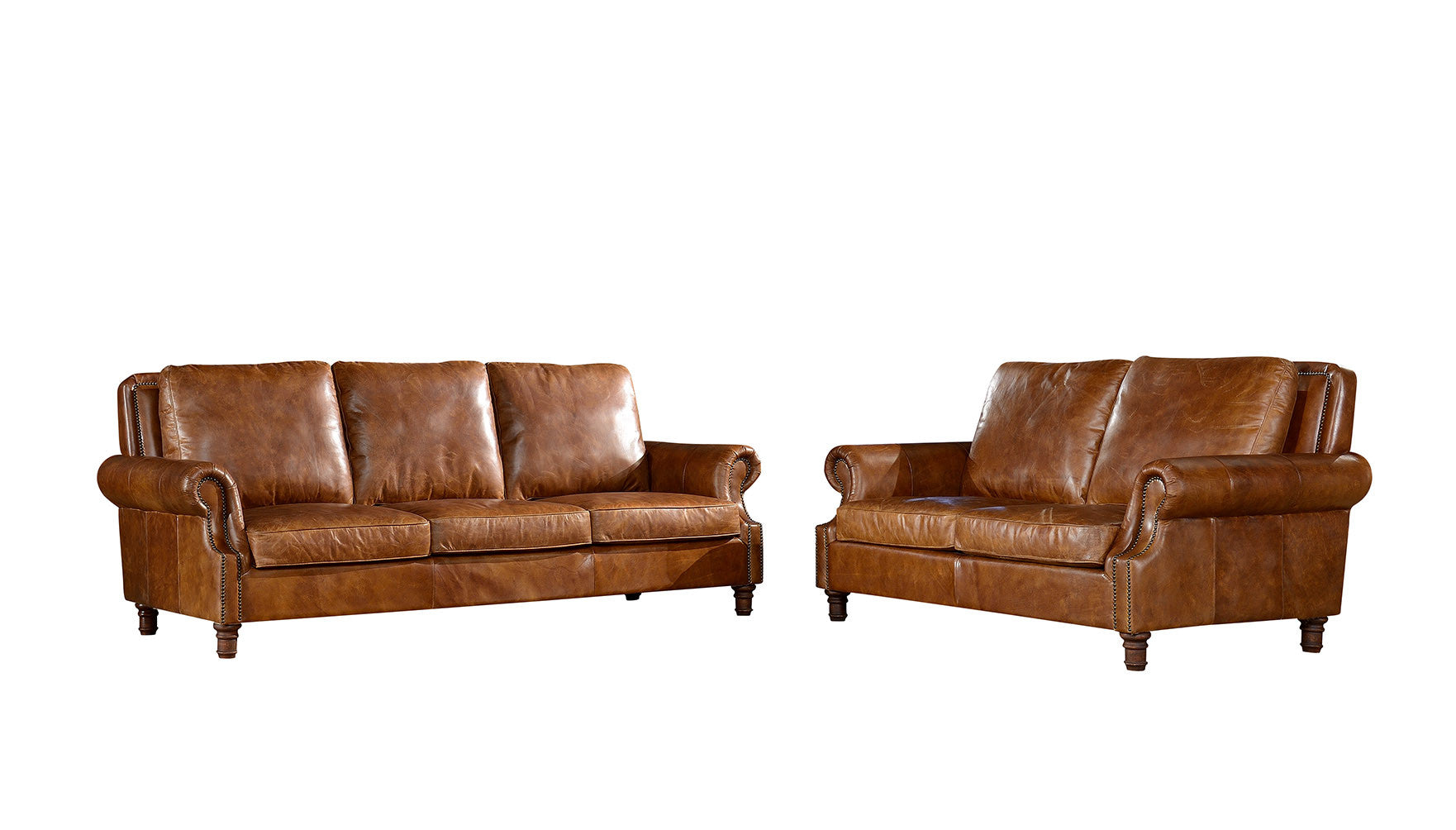 English Rolled Arm Love Seat - Light Brown Leather