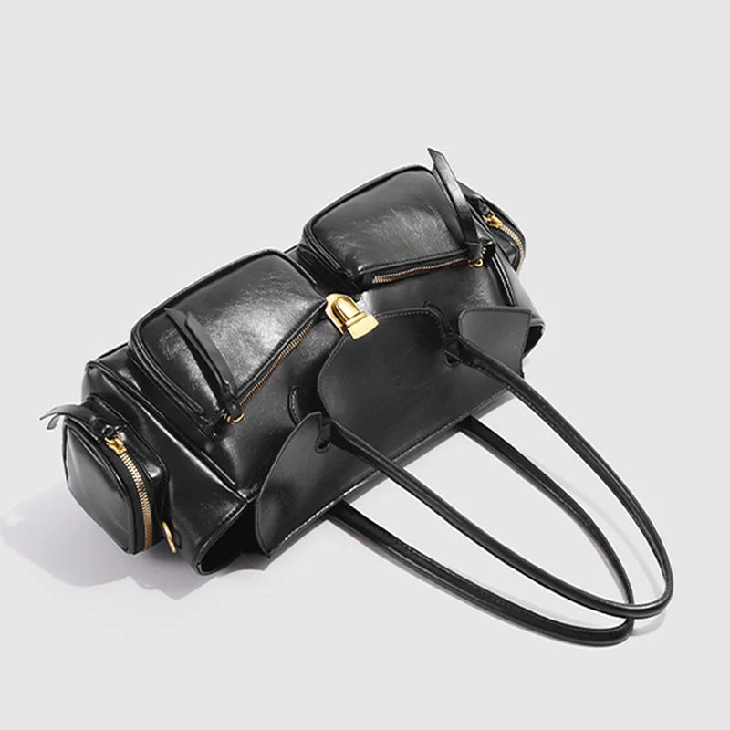 Vintage Underarm Bag for Women | Soft Split Leather Multi-Pocket Shoulder Handbag (Luxury Designer, Half Moon Shape)