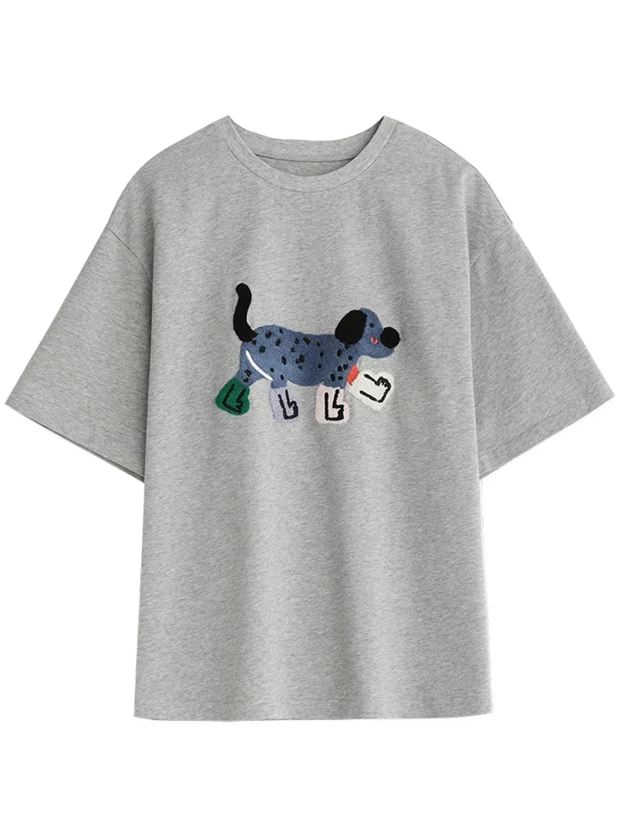 Dog Embroidered Cotton T-Shirt Loose Summer Streetwear