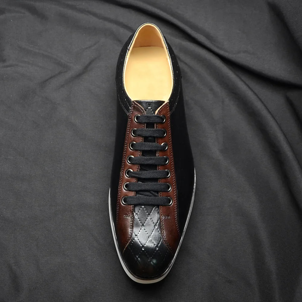Europe 2024 Fall Luxury Men's Genuine Leather Plaid Casual Shoes | Black & Dark Brown Business Sneakers (Height Increasing)