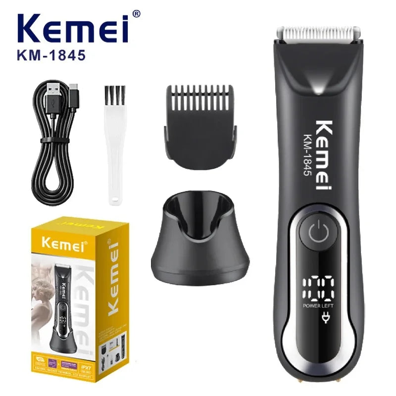 Kemei Groin Hair Trimmer Men Electric Clippers Waterproof Trimmer for Pubic Body Hair Grooming Kit Ceramic Blade Razor KM-1845