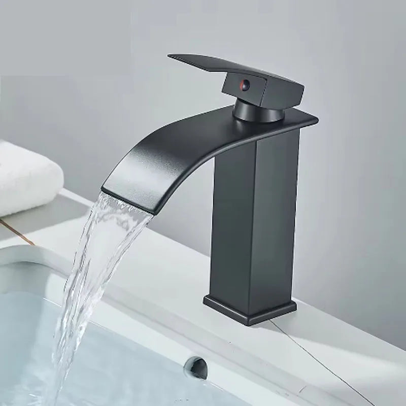 Brushed Gold Waterfall Bathroom Faucet - Single Lever Deck-Mount Basin Mixer, Single Hole, Stainless Steel Ceramic Valve