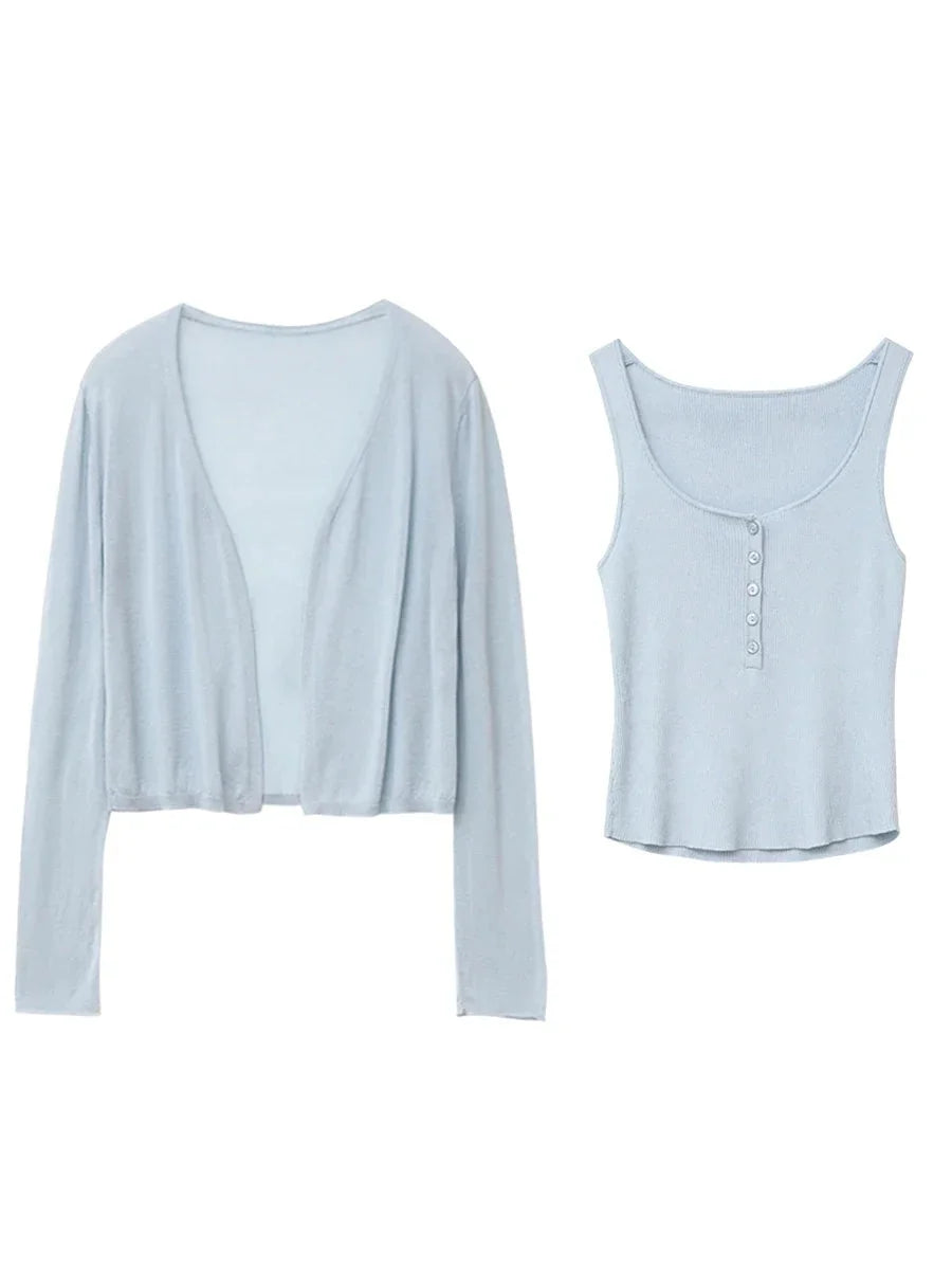 Blue Lyocell Sunscreen Cardigan & Tank Top Set