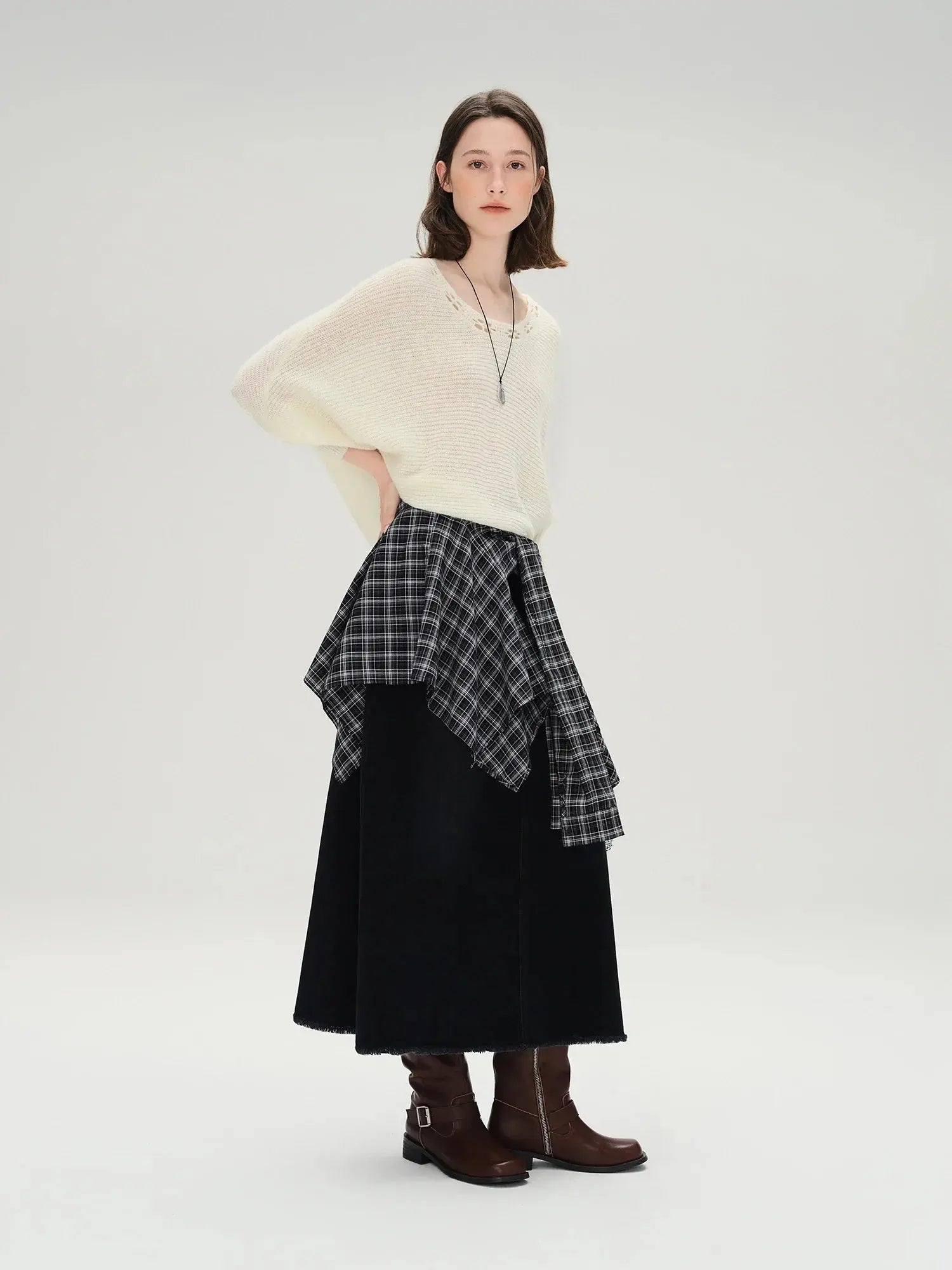 Classic Plus Size Black Denim Midi Skirt