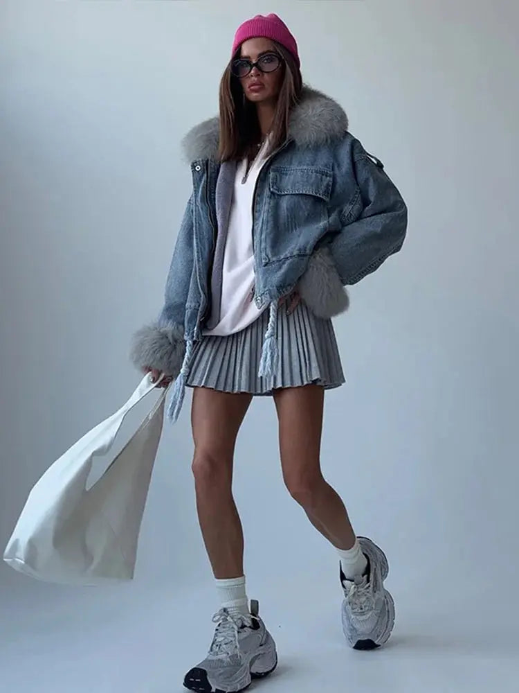 Light Blue Denim & Fur Winter Coat
