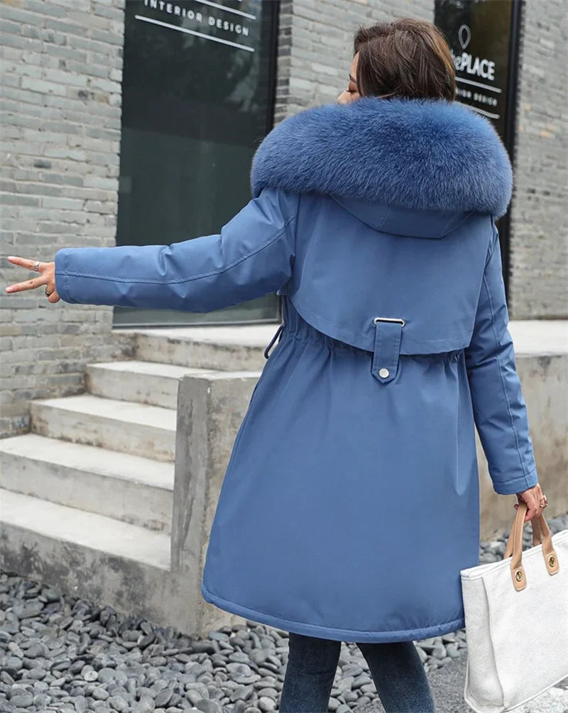 Women Winter Parka – Hooded Fur Collar Thick Warm Long Coat