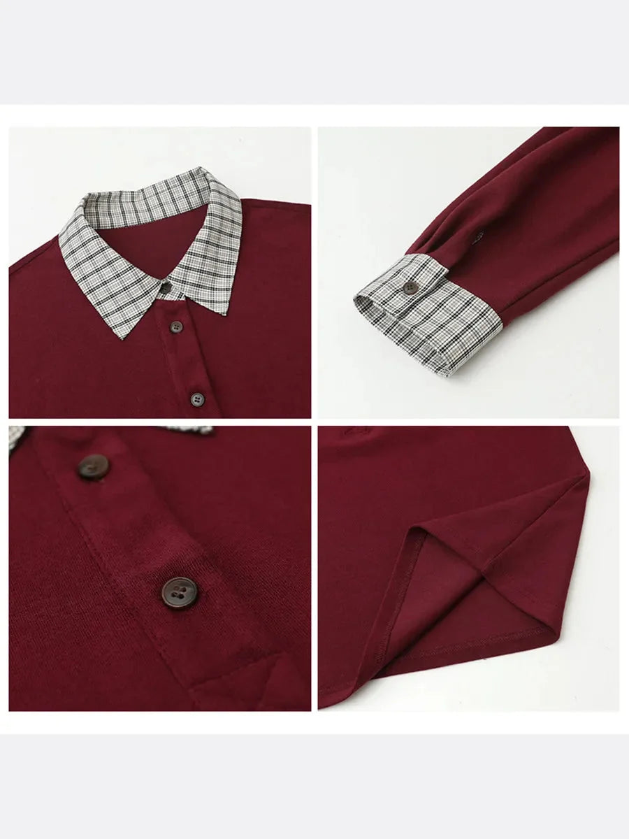 Color Block Plaid T-Shirt Loose Casual Long Sleeve