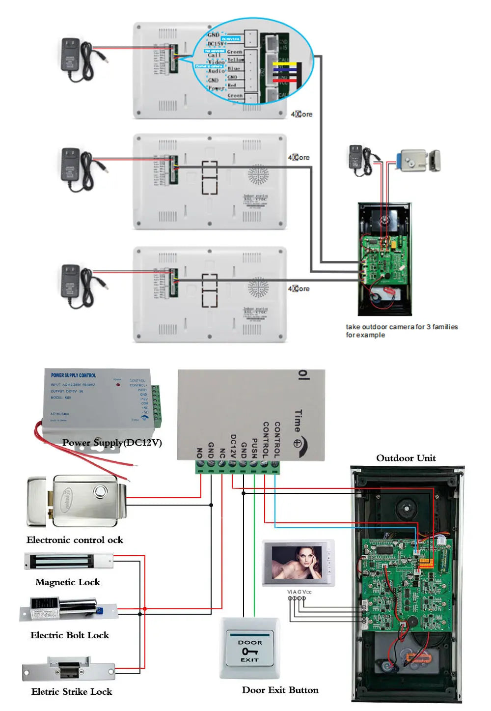 7 Inch Color Video Door Phone doorbell RFID Access Control Camera System for 2/3/4Unit multi apartments Intercom