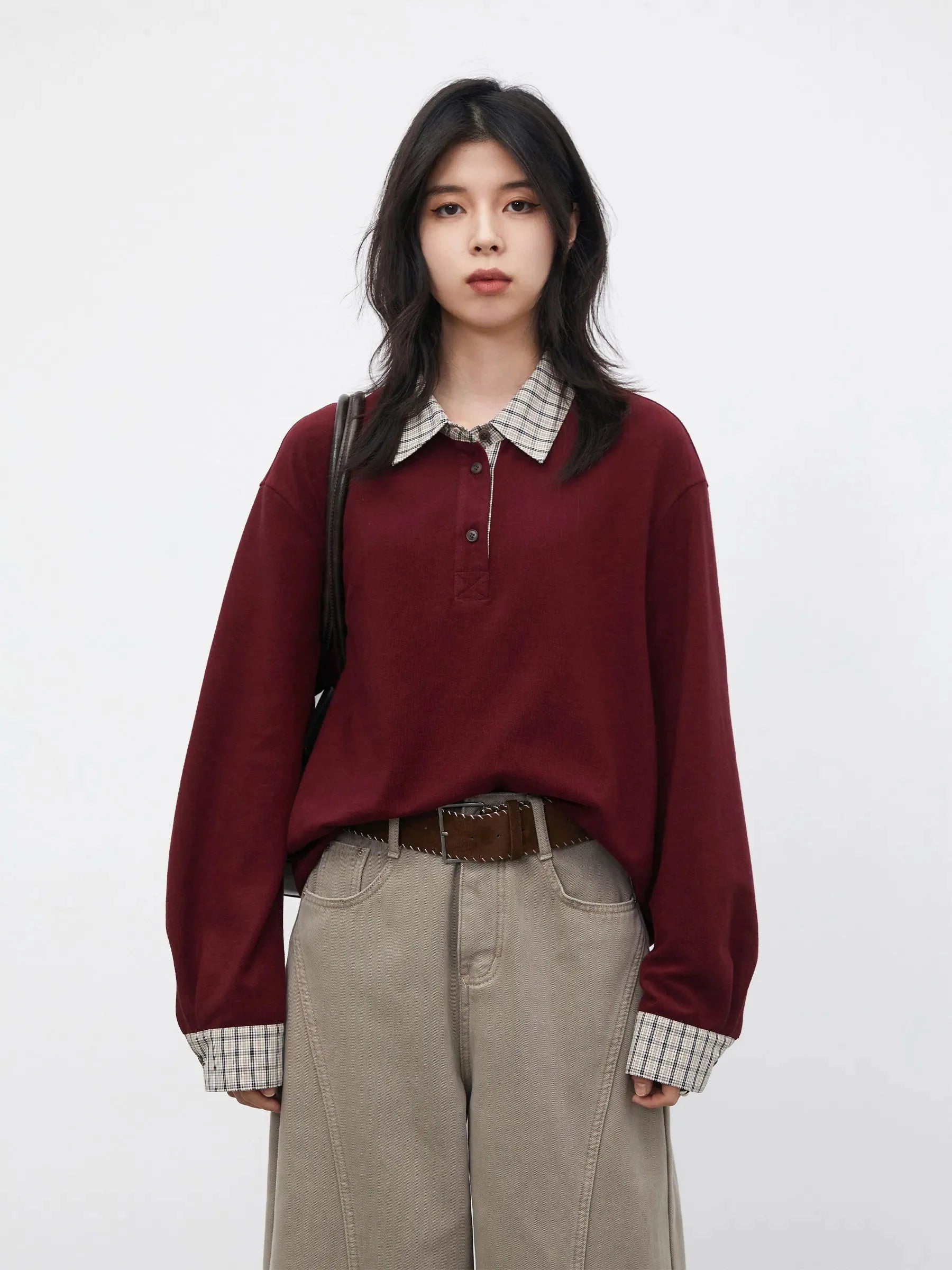 Color Block Plaid T-Shirt Loose Casual Long Sleeve
