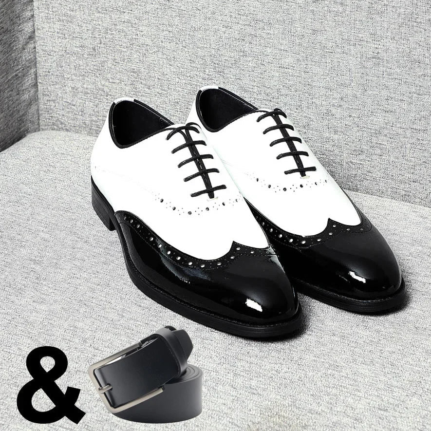 Elegant Men's White & Black Wingtip Brogue Oxfords | Genuine Leather Wedding, Party & Social Dress Shoes