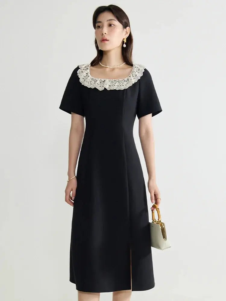 Elegant Black Lace Short Sleeve Long Dress
