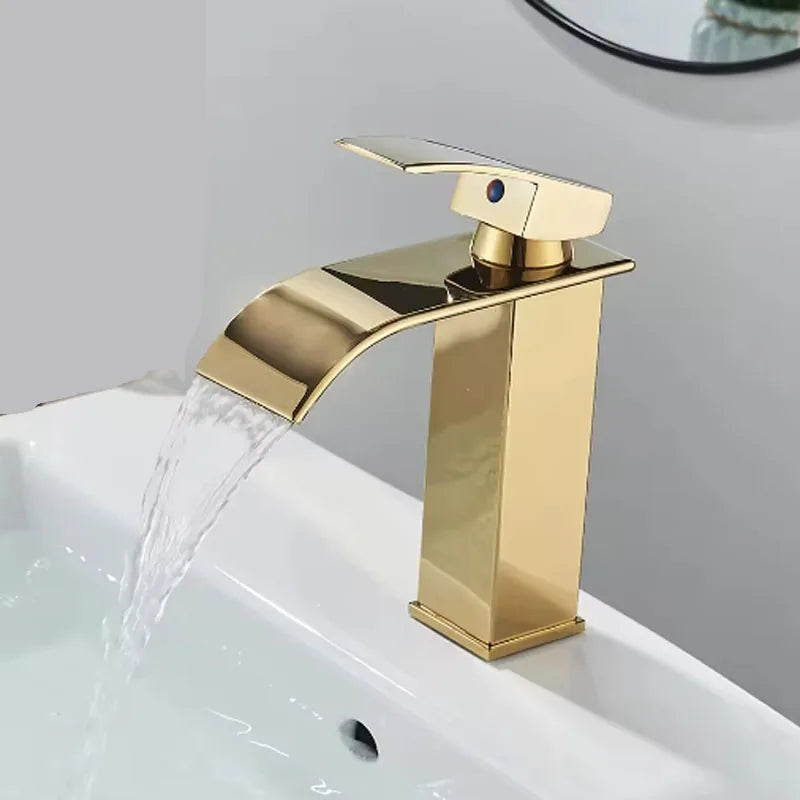 Brushed Gold Waterfall Bathroom Faucet - Single Lever Deck-Mount Basin Mixer, Single Hole, Stainless Steel Ceramic Valve