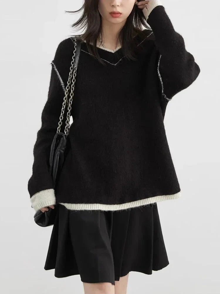 Color Block V-Neck Sweater Loose Knit Pullover