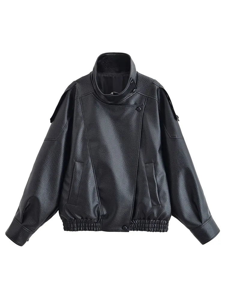 HH Autumn Faux Leather Jacket For Women Casual Solid Long Sleeve Zipper Pu Leather Coats New Fashion Female Streetwear