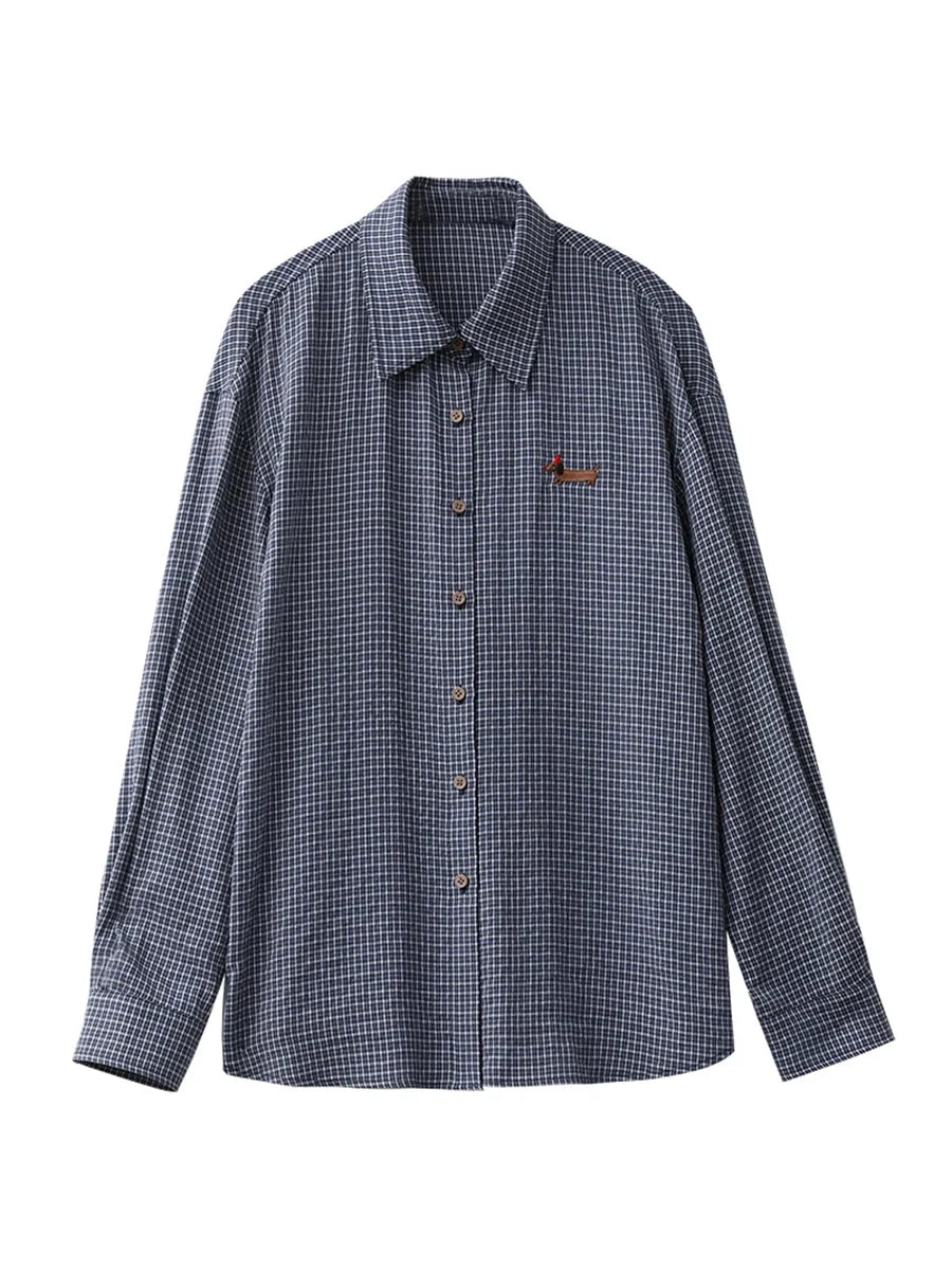 Retro Plaid Embroidered Blouse Loose Casual Long Sleeve
