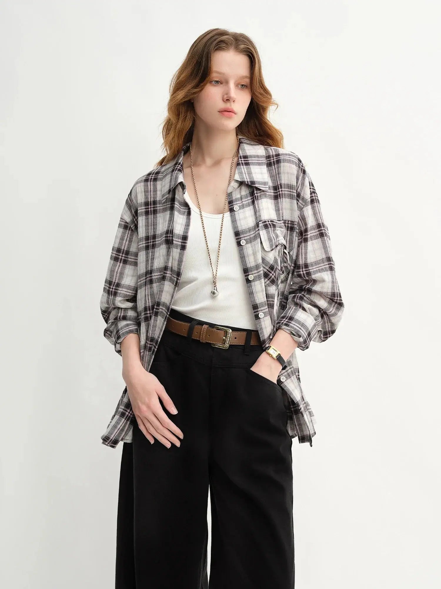 Plus Size Plaid Accent Drawstring Shirt