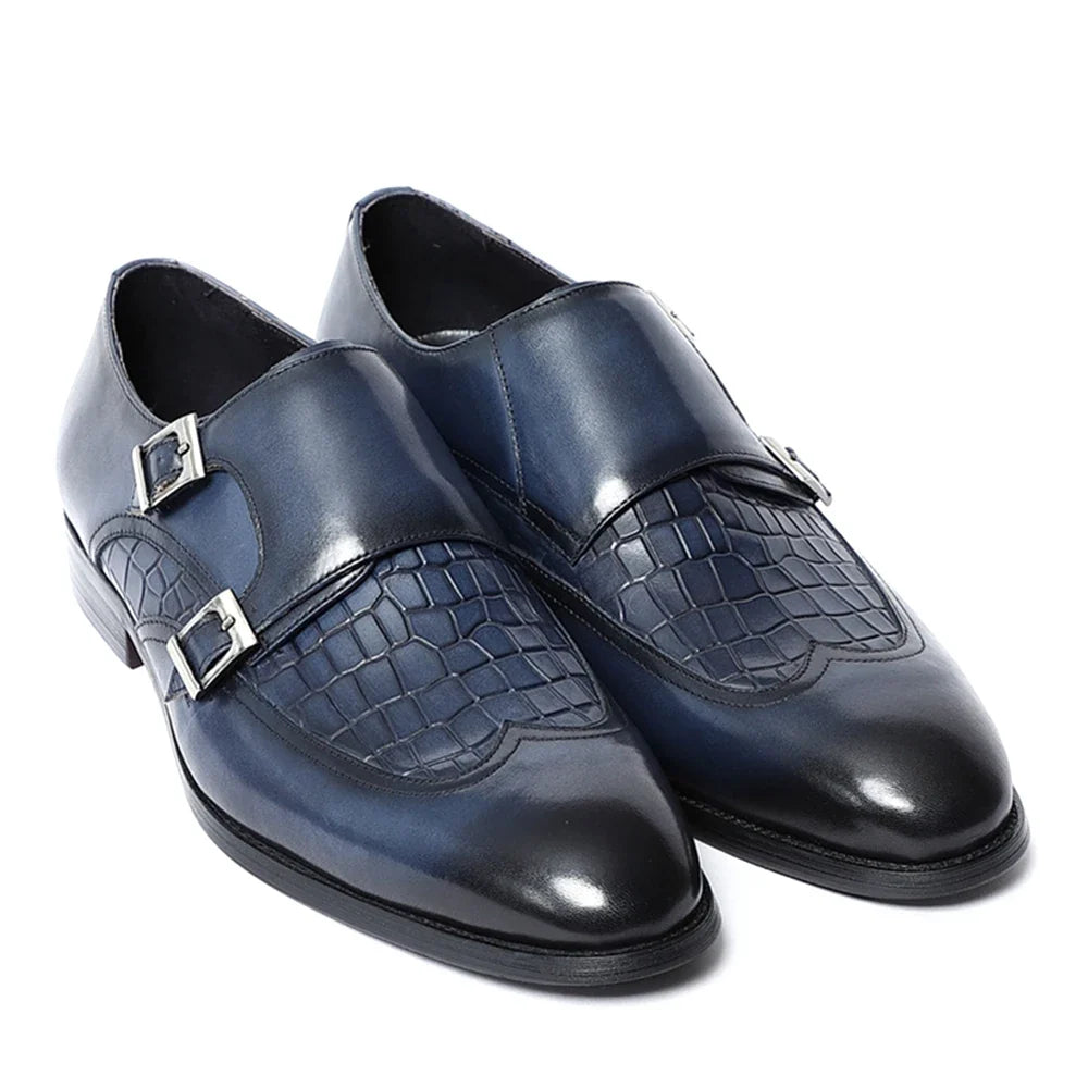 Elegant Men's Genuine Leather Monk Strap Shoes | Stone Pattern Print Double Buckle & Cap Toe (Business, Party, Social)