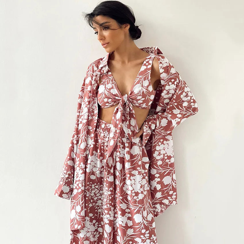 Women’s 3-Piece Floral Pajama Set Autumn Sleepwear & Loungewear
